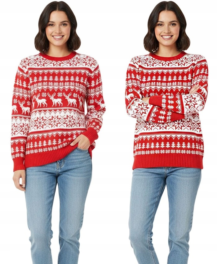 Vánoční svetr dámský červený norský vzor sobi sněhové vločky zimní L