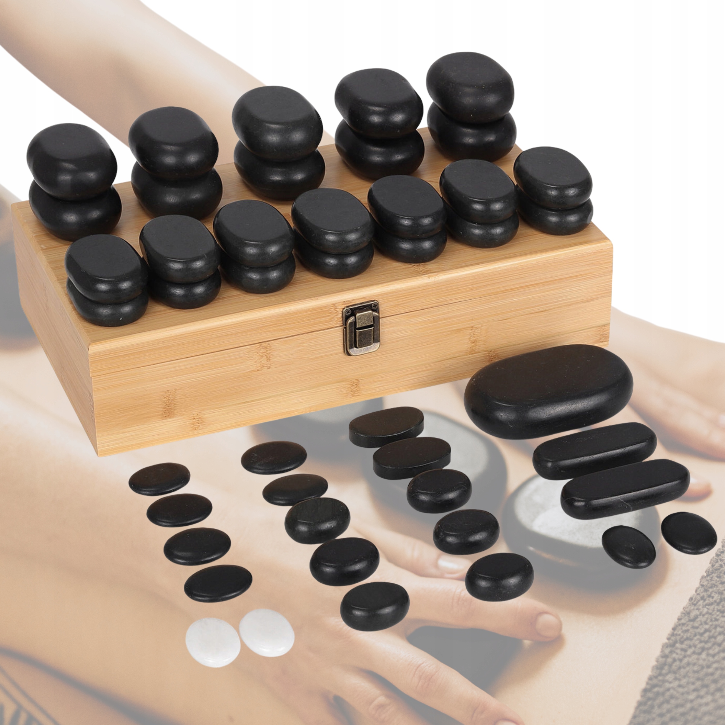 Zestaw 45 Kamieni Bazaltowych Do Masażu Gorące Kamienie Spa Skrzynia