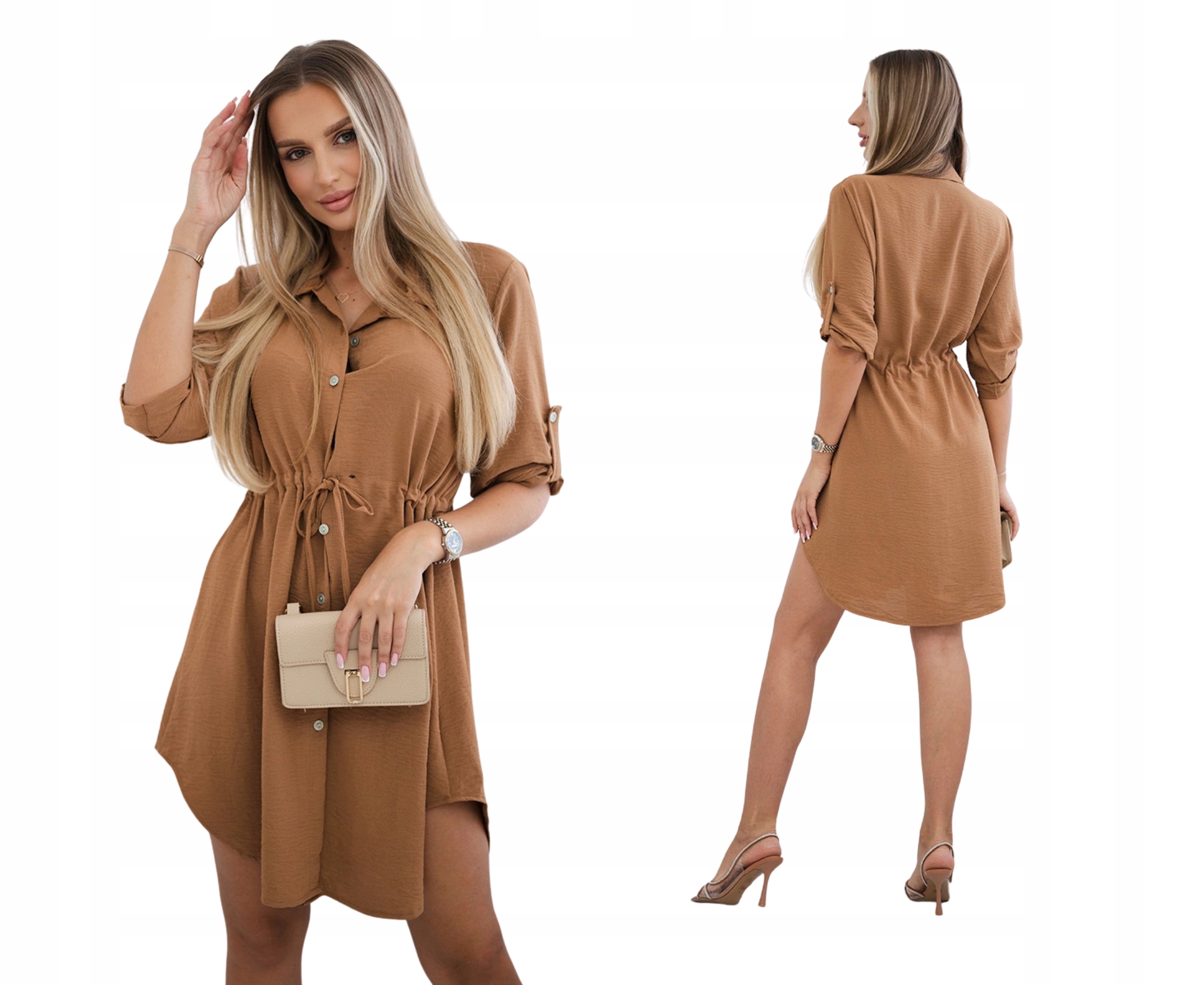 Ciemny camel damska sukienka koszulowa z guzikami i wiązaniem w talii