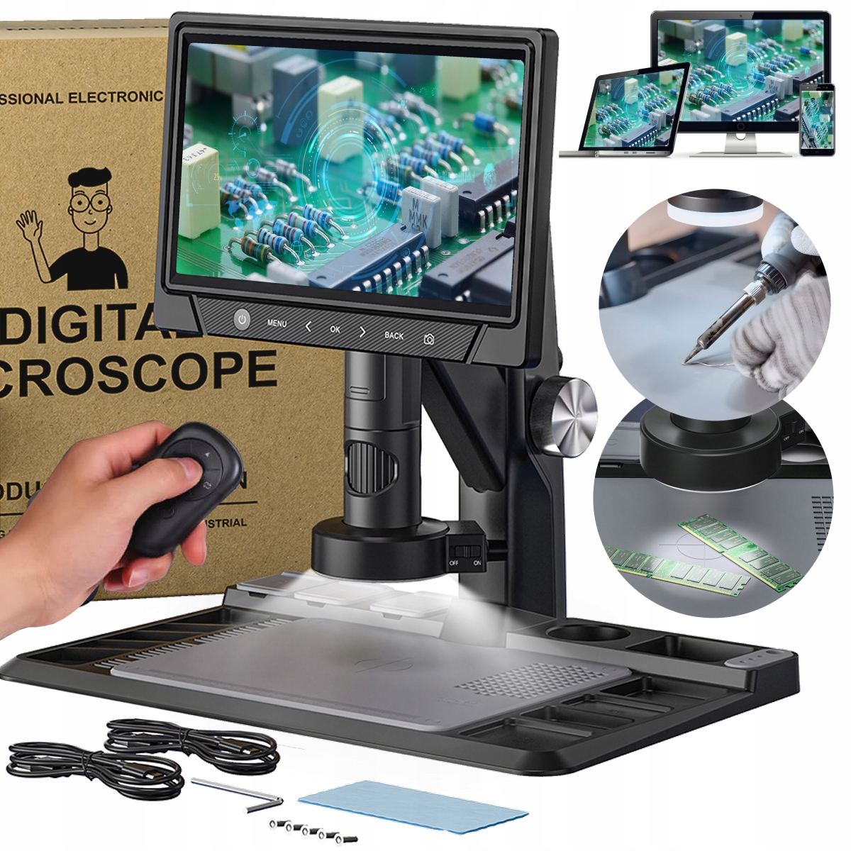 Mikroskop Cyfrowy Z Ekranem 10" 12MPx Akumulator 3000mAh Cyfrowy Lampa Pro