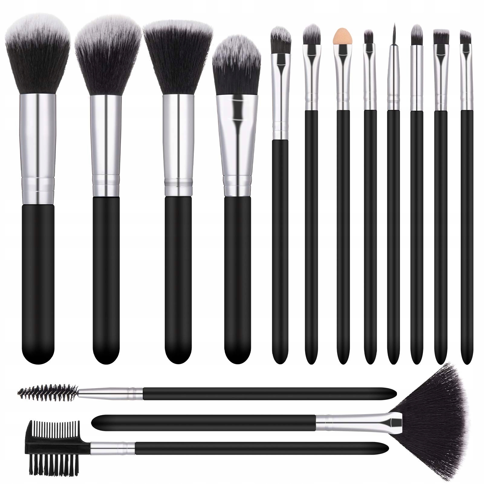 15dílná sada s štětci, černý stříbrný držák na make-up, kosmetická taška