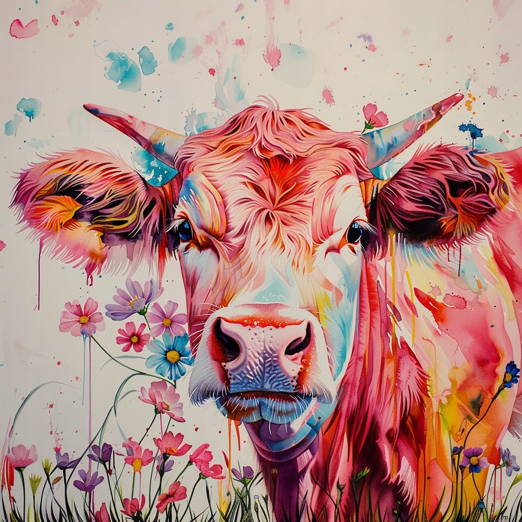 Obraz Na Plátně Canvas Portrét Kráva Růžová Barvy Květiny Boho 80x80