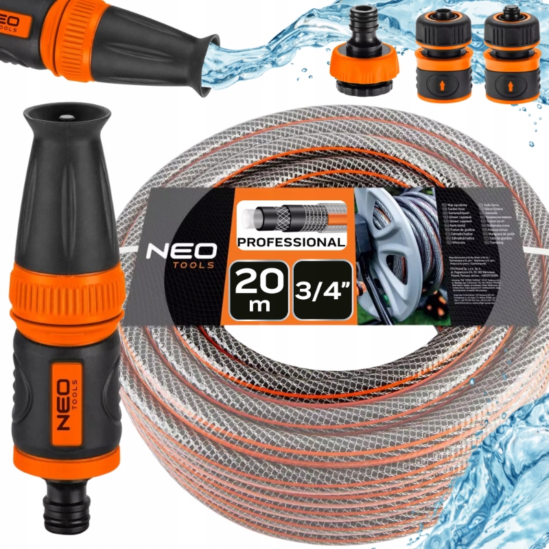 Neo Wąż Ogrodowy 3/4" 20m 6 Warstw Mocny Elastyczny Zraszacz Złączki