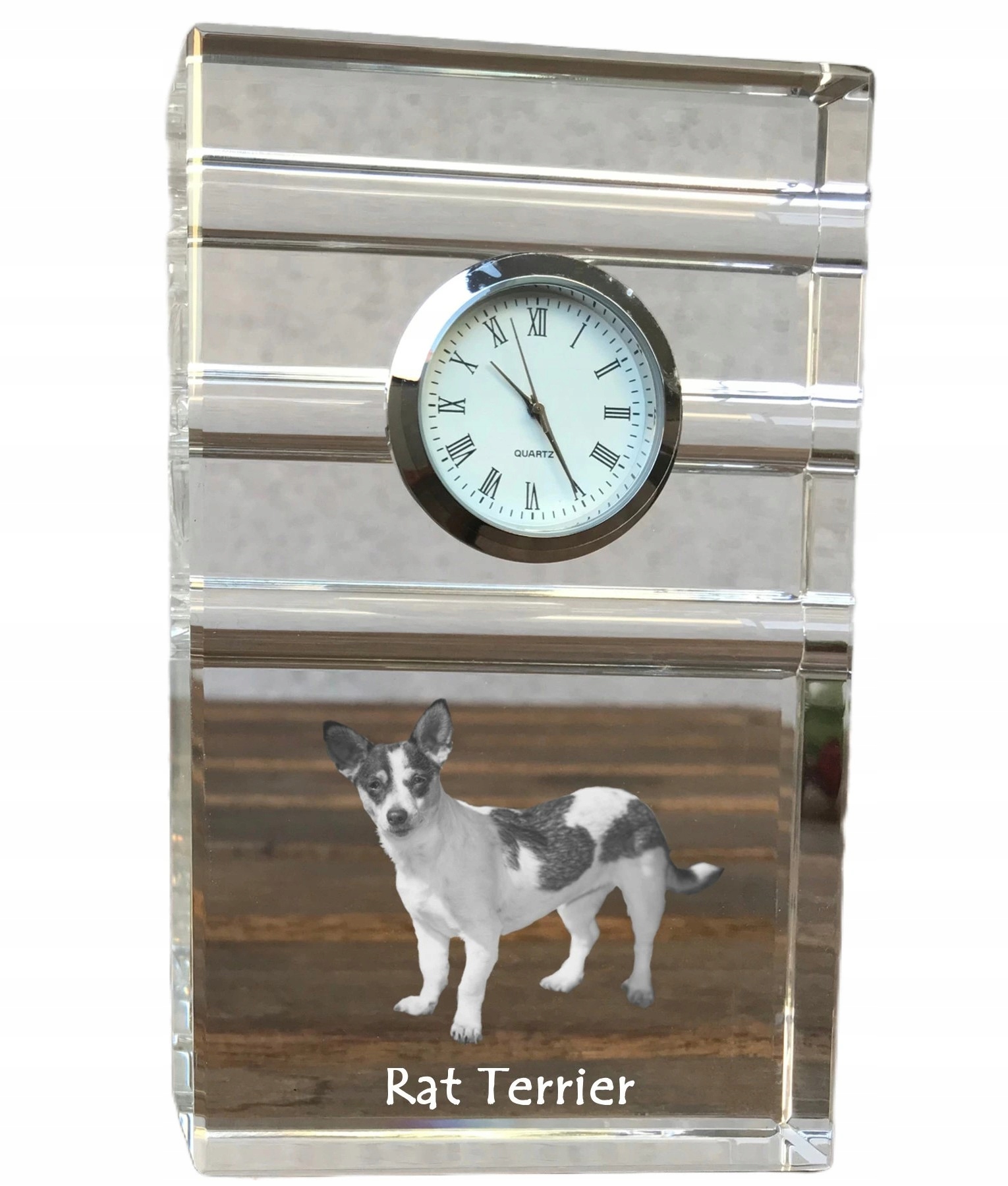 Rat Terrier krištáľové stolové hodinky so psom, s vašou fotografiou, suvenír