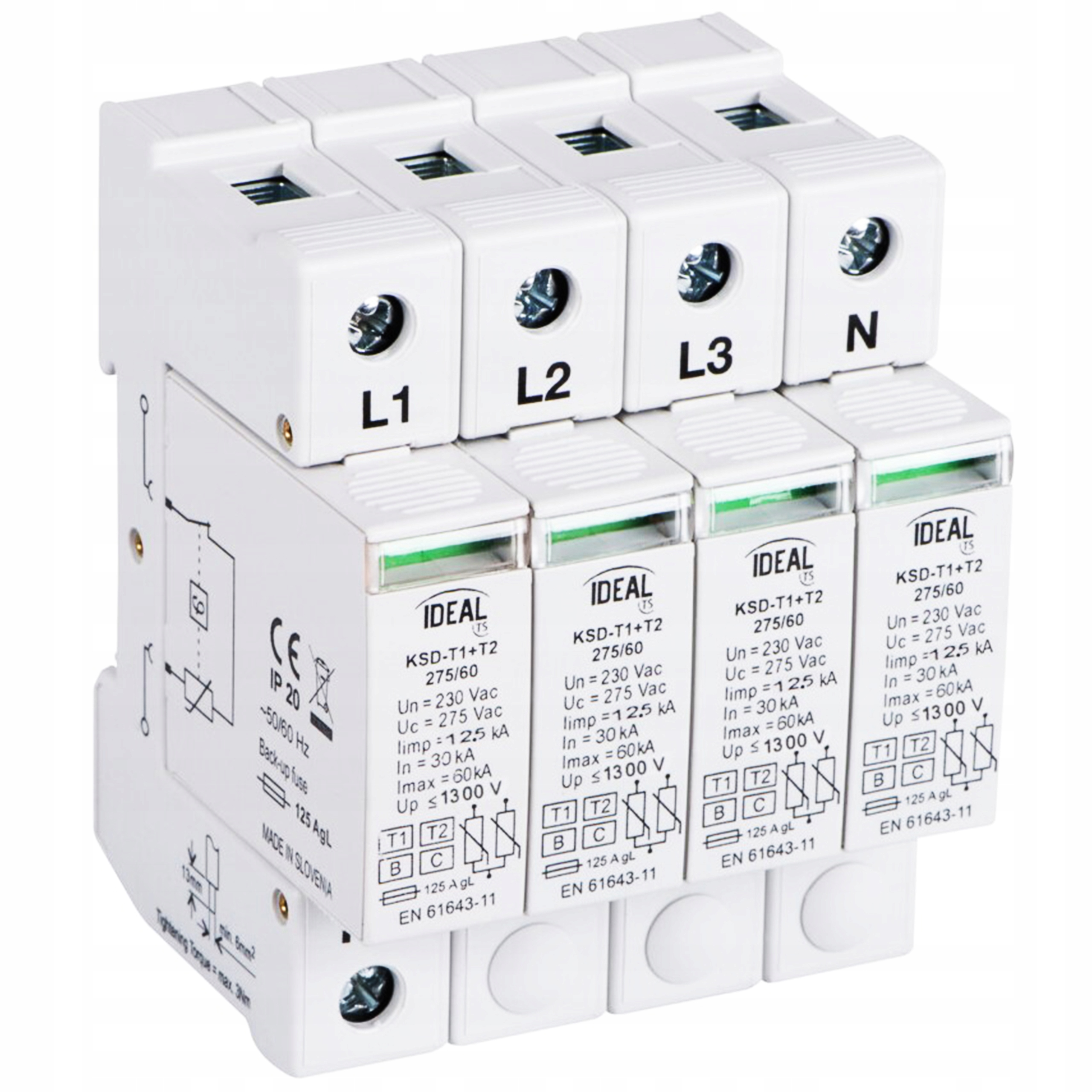 Omezovač přepětí B+c Typ 1+2 3P+N 30kA 1,5kV KSD-T1T2 275/240