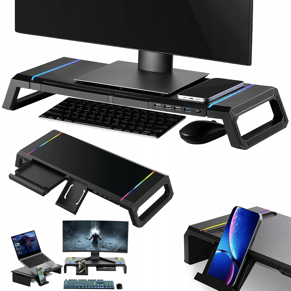 Multifunkční Podstavec Pod Monitor, Vestavěné Zásuvky, Rgb Světlo