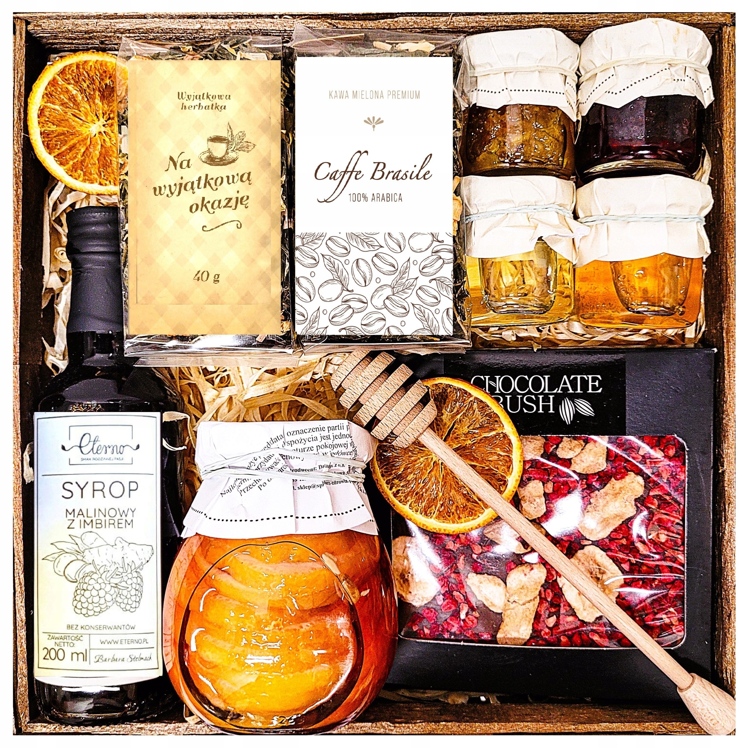 Dárkový koš Dárek Med Čaj Káva Čokoláda Sirup