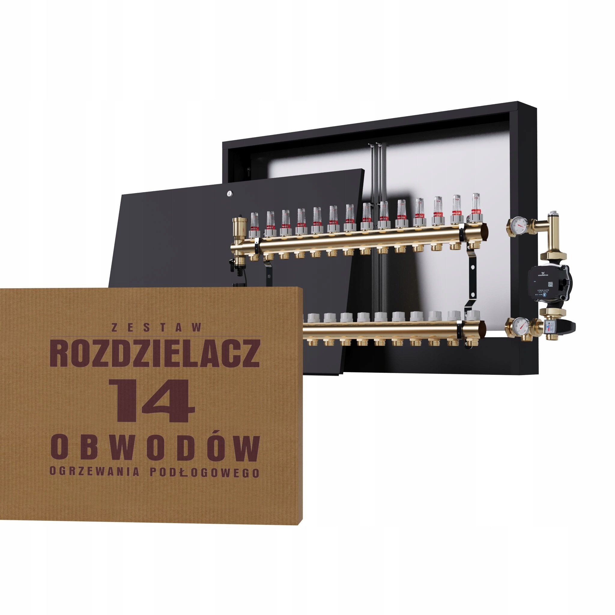 Rozdělovač pro podlahu 14 okruhů a čerpadlo Grundfos nástěnný černý