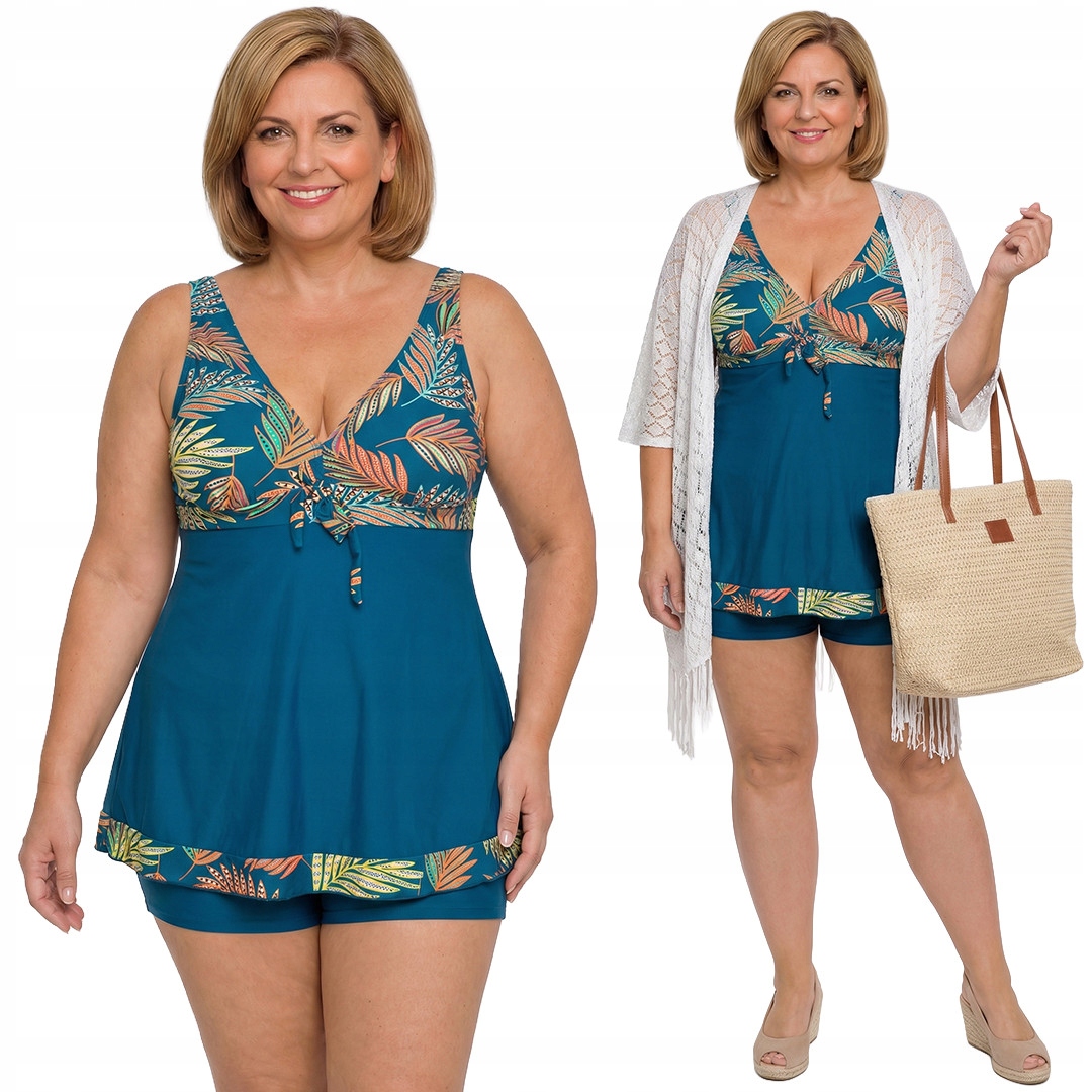 Tyrkysové oranžové plavky s tropickými vzory plus size velikost 6