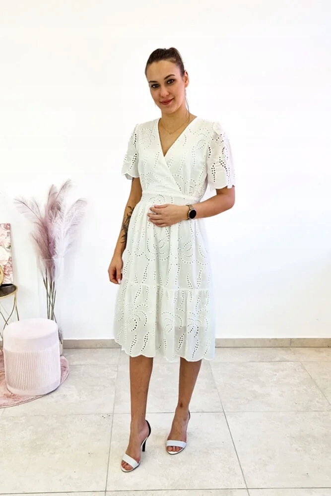Šaty s ažurovým výstřihem a obálkovým výstřihem, bílá, L/XL