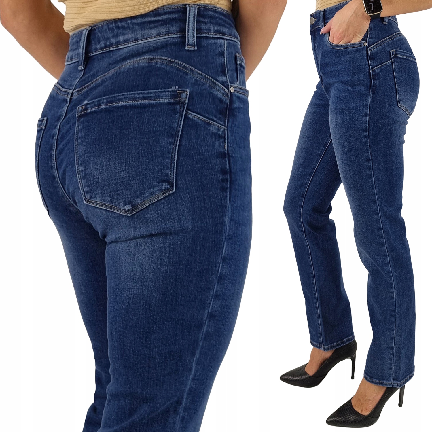 Damskie Spodnie Wyszczuplające Jeansy Proste Nogawki Długie Blue