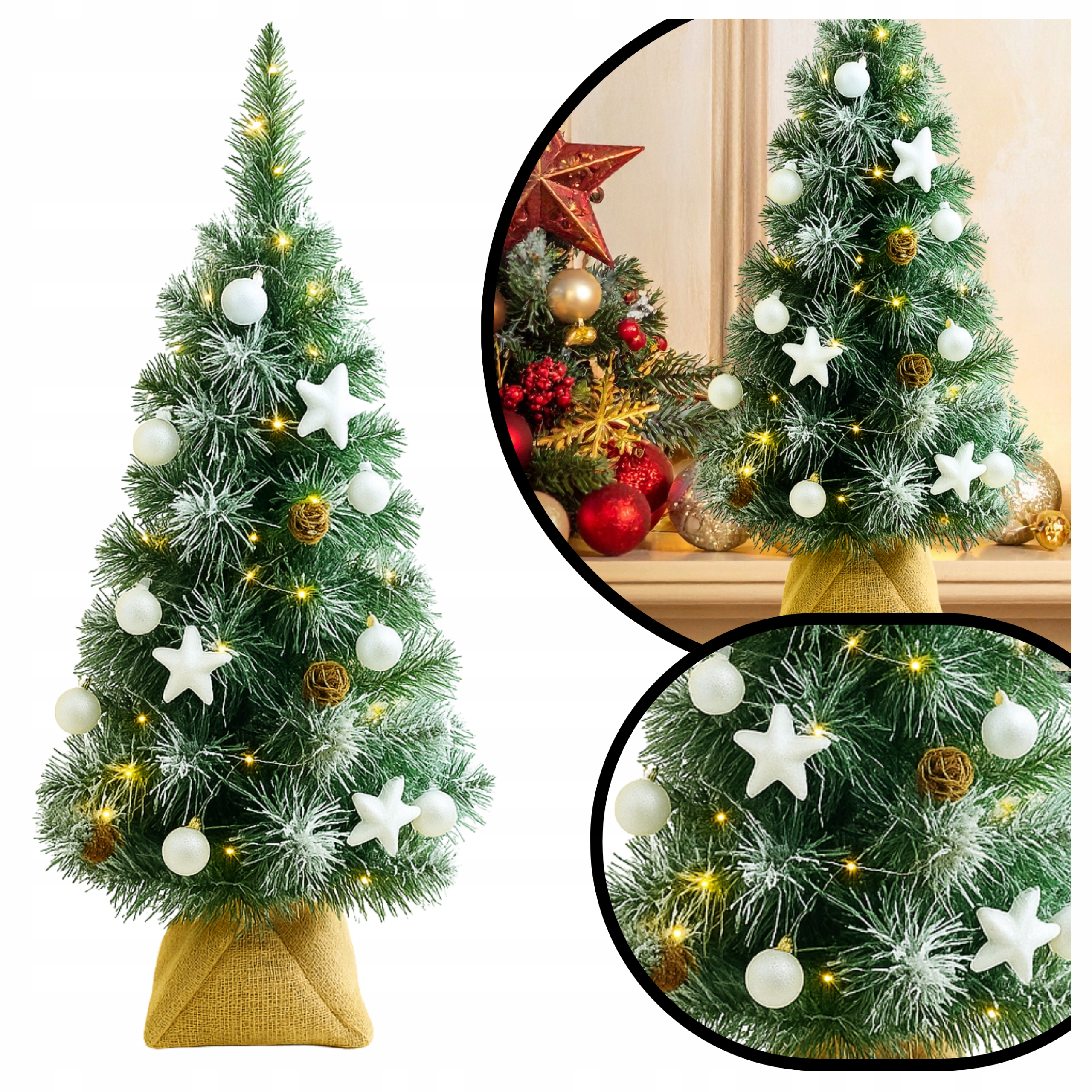 Malá Umelý Vianočný Stromček zdobená Šiškami S Bombičkami 55 cm, biela, Lampičky 20LED