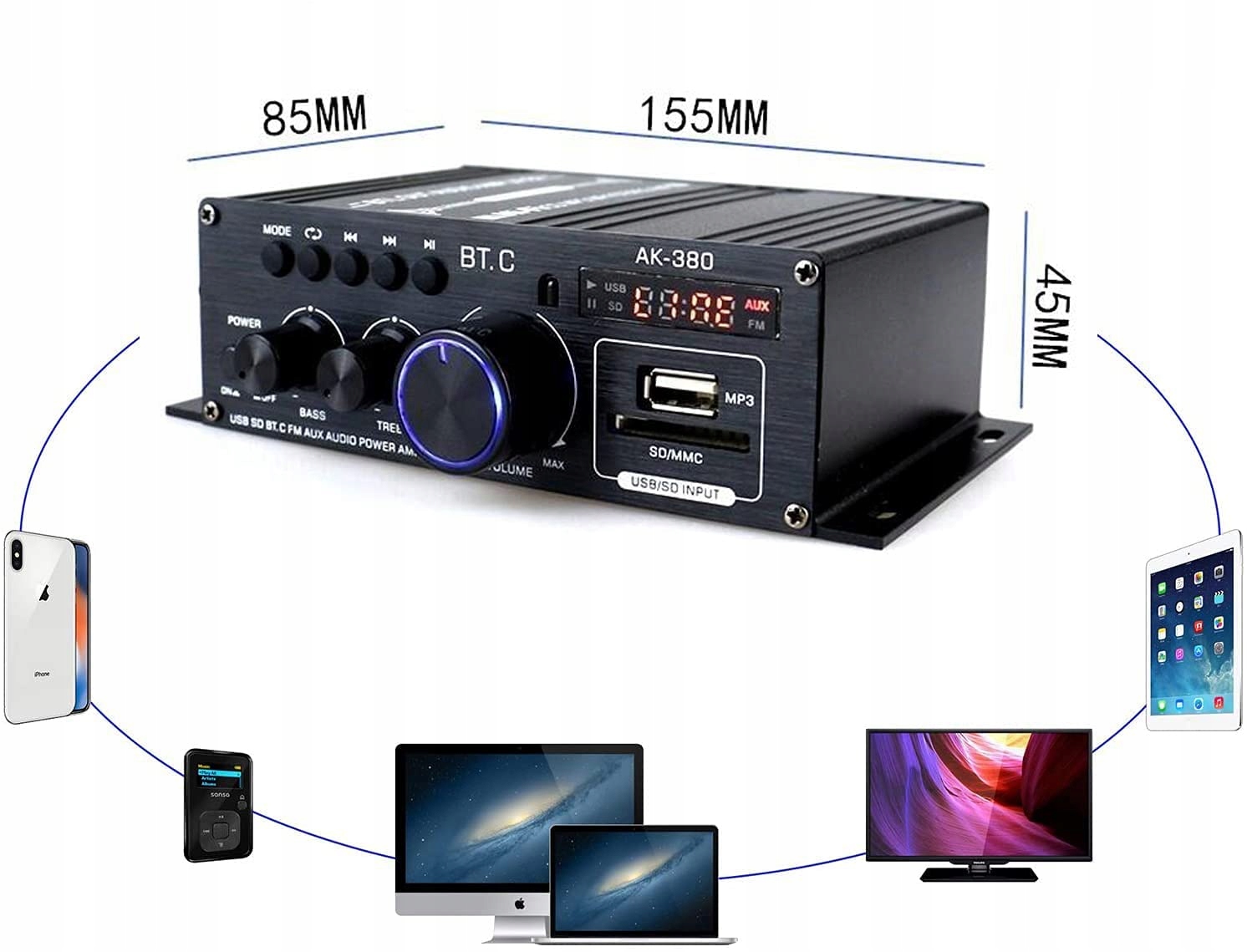 WZMACNIACZ SAMOCHODOWY BLUETOOTH AK380 800W+ PILOT Model 7516-01