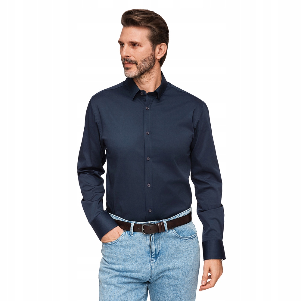 Pánská košile Slim Fit ze saténové tkaniny tmavě modrá OM-SHOS-0211 vel XL