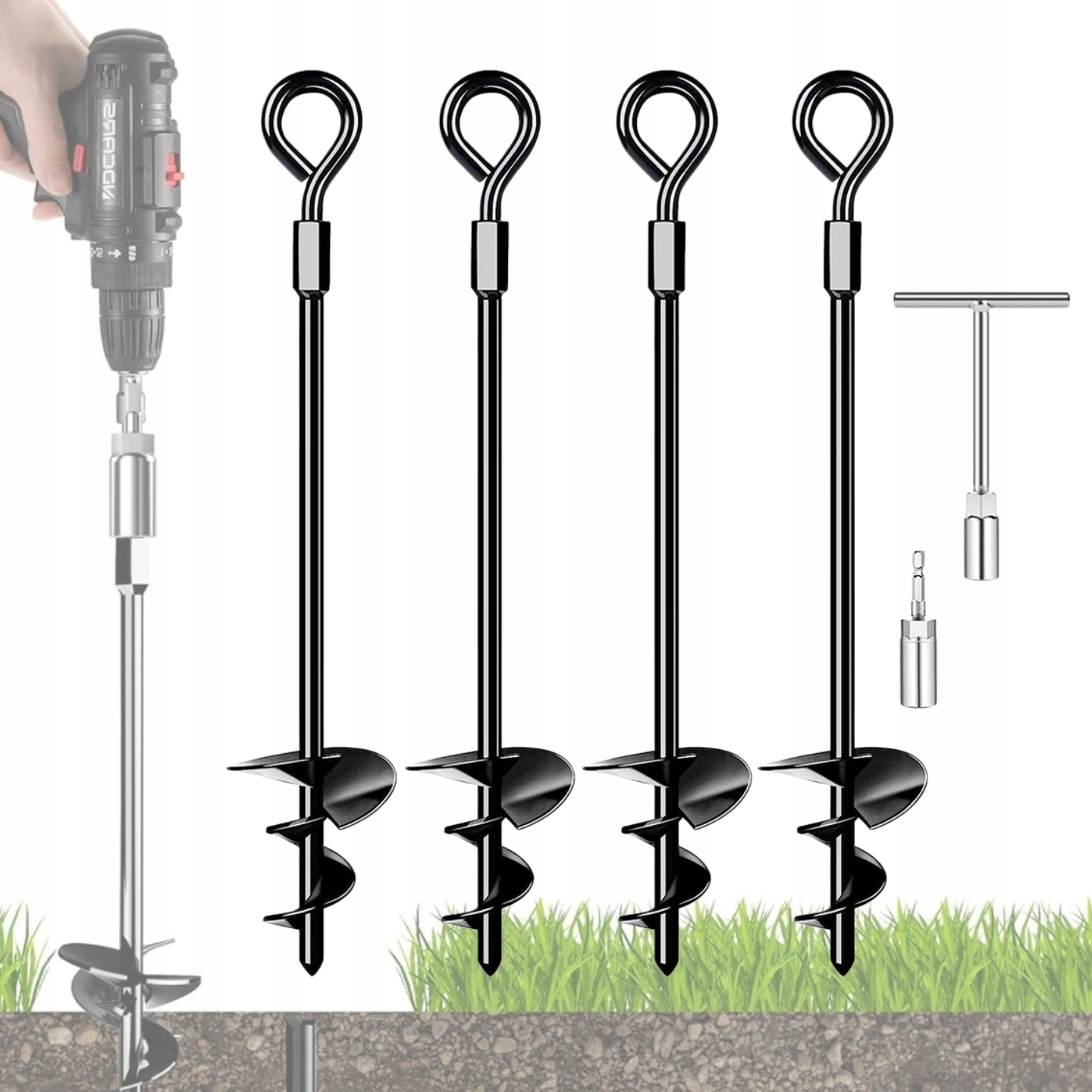 Sada Kotev Pro Upevnění Trampolíny 4x šroubovací zemní kolíky a T-klíč