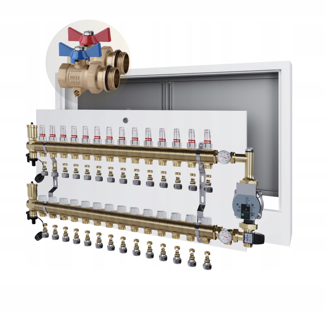 Rozdělovač podlahového vytápění 14 nástěnná skříňka+WILO+PEX+VENTIL Kul