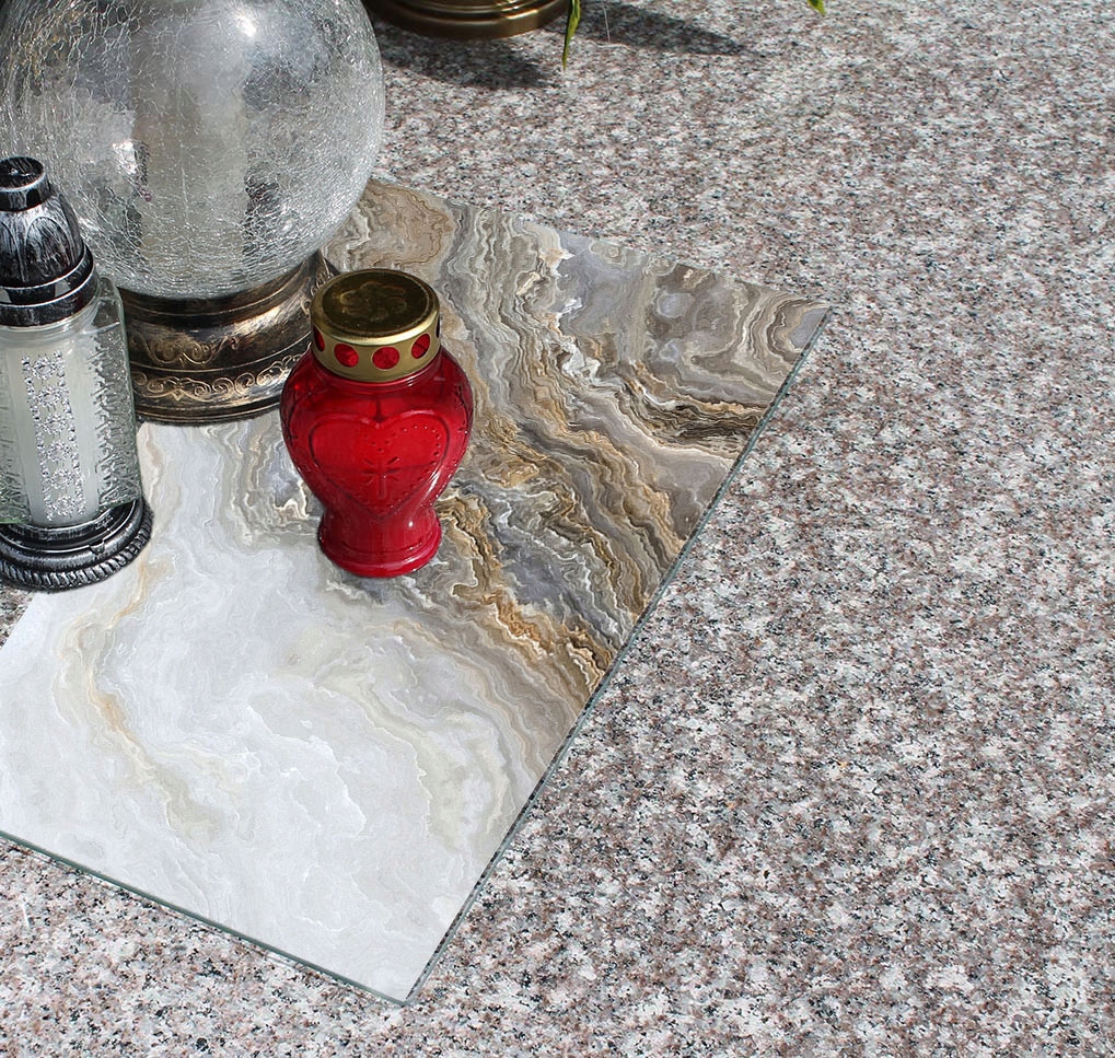 Podstawka pod ZNICZE Szyba HARTOWANA na Cmentarz wzór MARMUR 52x30cm Szerokość produktu 52 cm