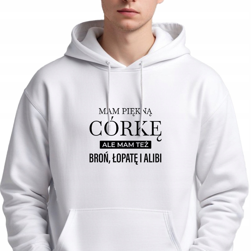 Mikina S Kapucí Bílá Dárek pro tatínka Mám Zbraň, Lopatu A Alibi S
