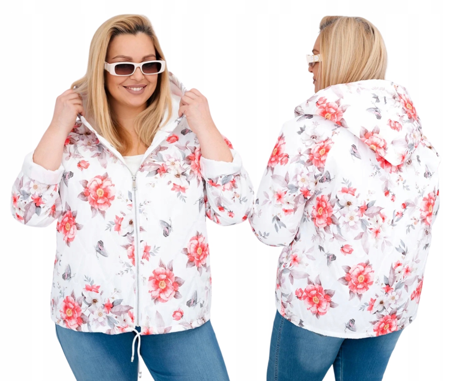 Biała kurtka damska wiosenna Plus Size z kapturem w kwiatowy wzór