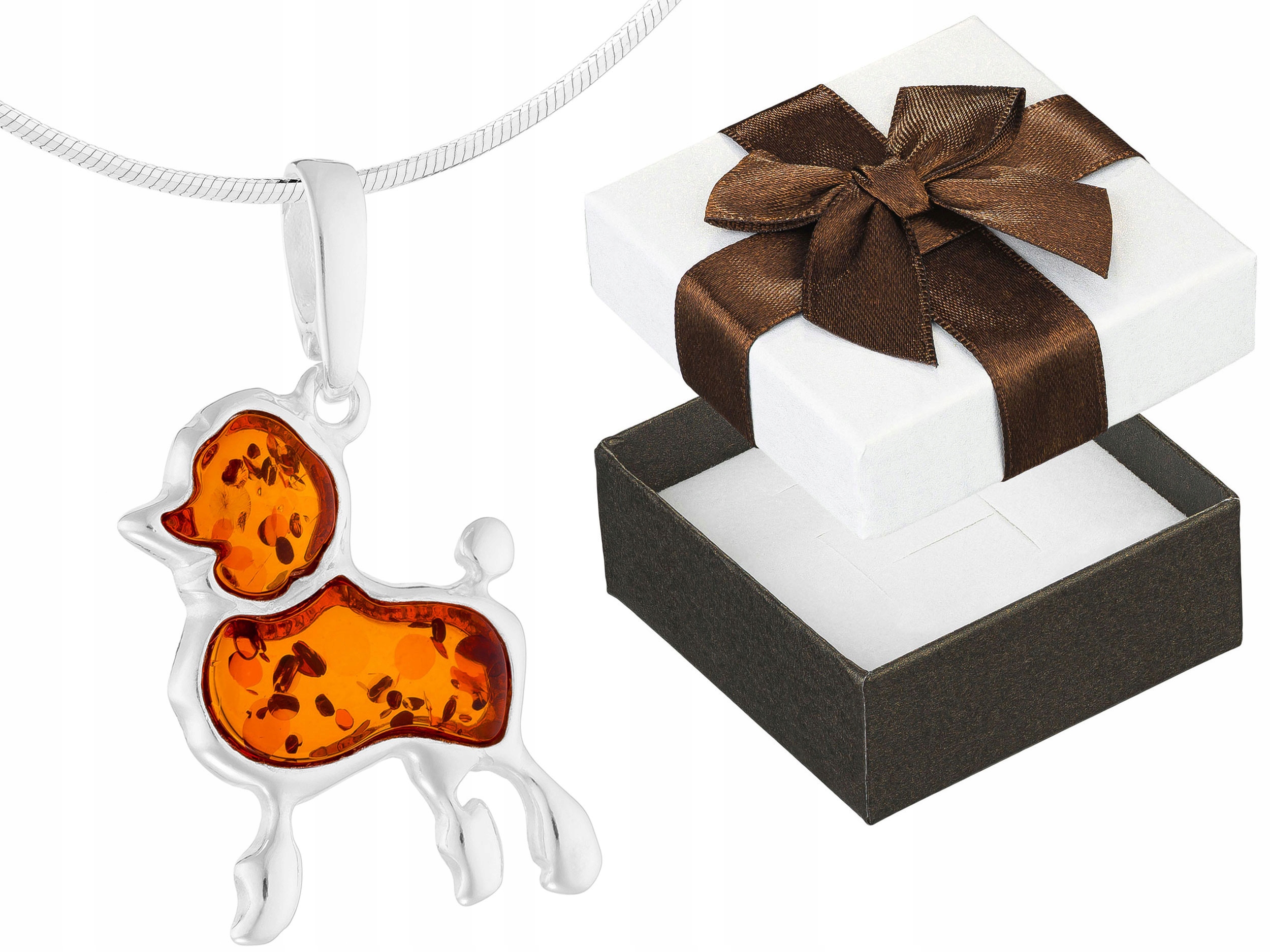 Dlouhý Stříbrný Dámský Náhrdelník Poodle s Jantarem Pes Jantar Stříbro 55