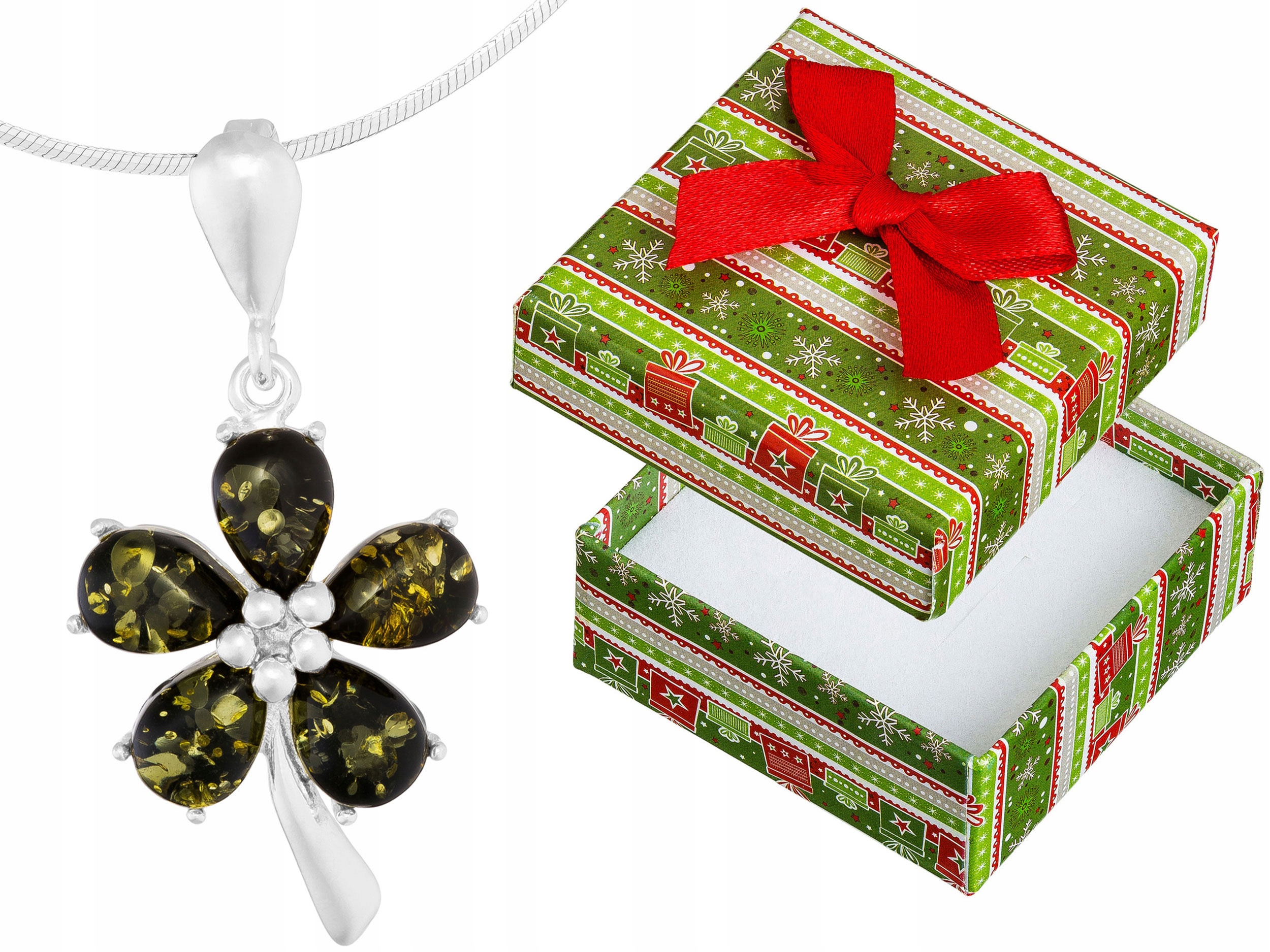 Dlouhý stříbrný náhrdelník Květina se zeleným jantarem Květina Jantar 65 cm