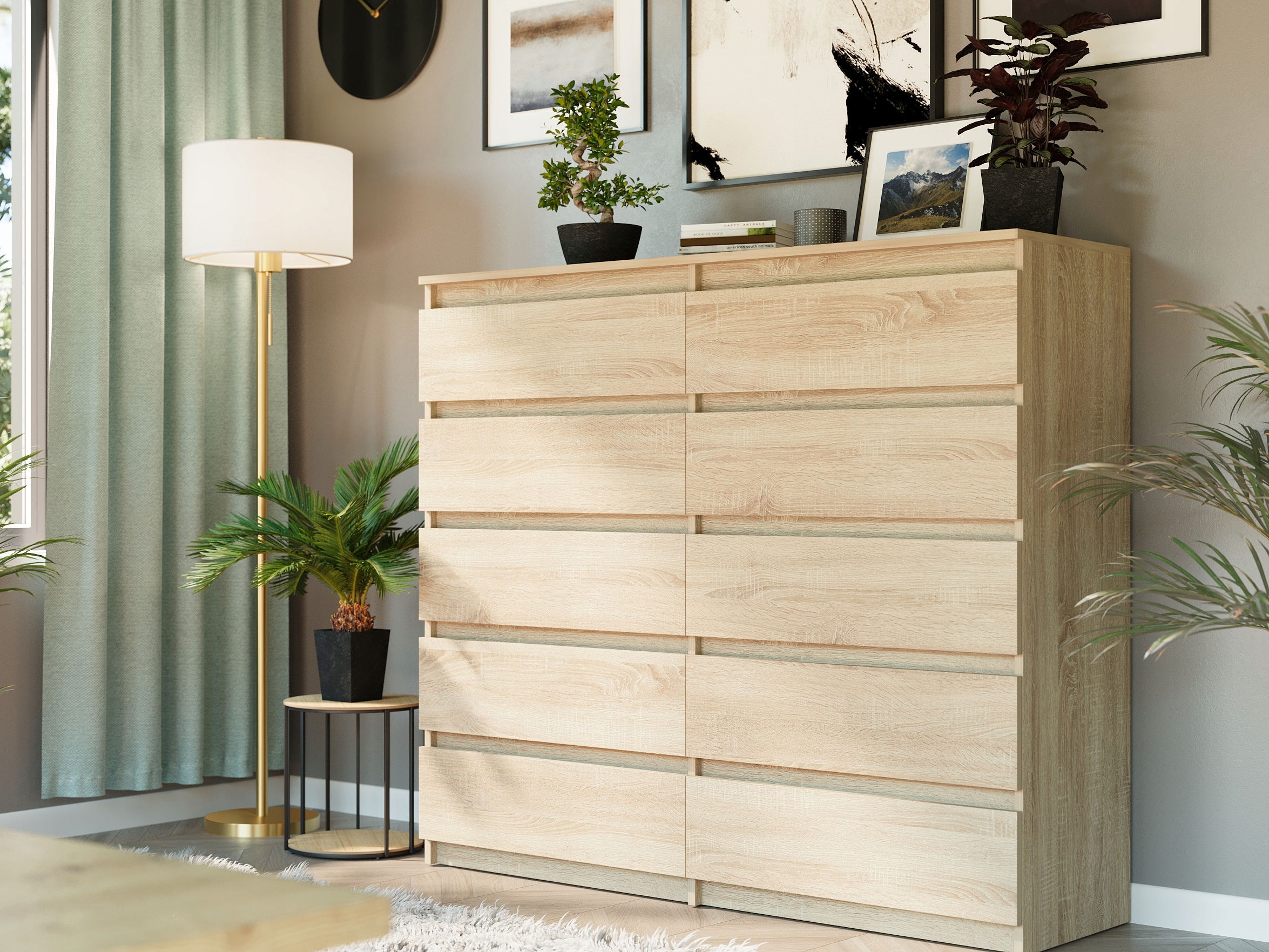 Nowoczesna KOMODA 140CM SZAFKA 10 SZUFLAD SONOMA