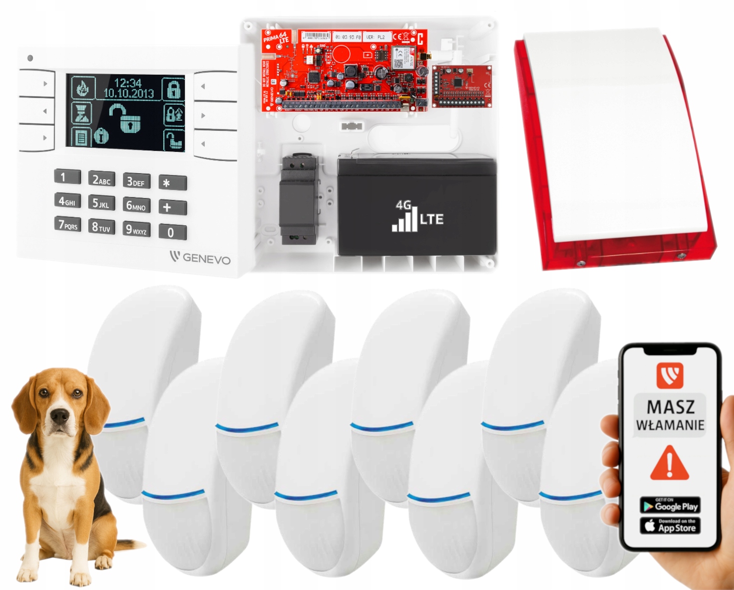 System Alarmowy PRIMA64LTE 4 Strefy Panel LCD Gsm 8 Czujek Pet Aplikacja