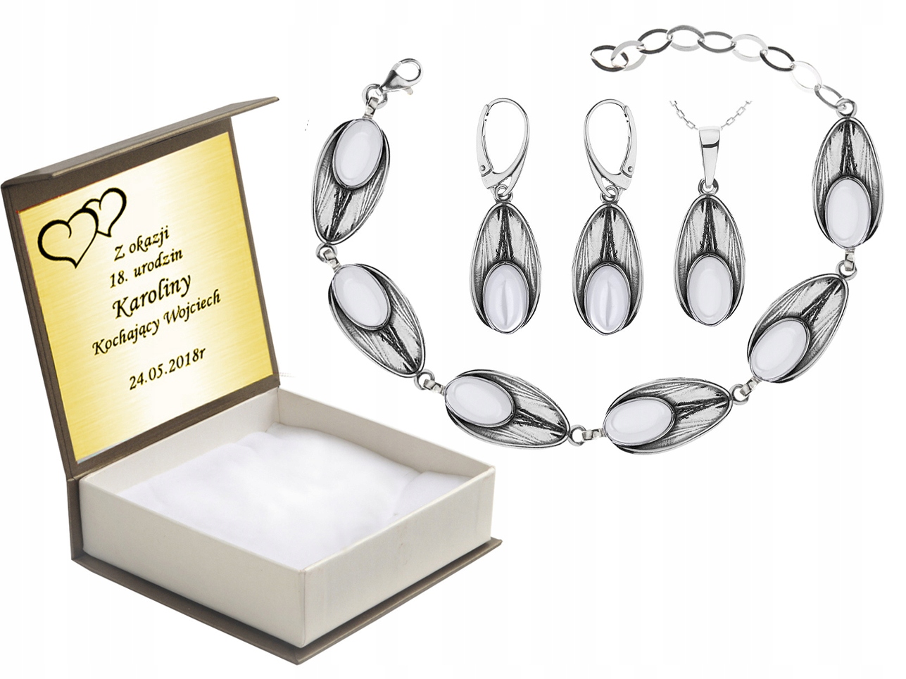 

Komplet Biżuterii Srebrnej Z Masą Perłową + Grawer