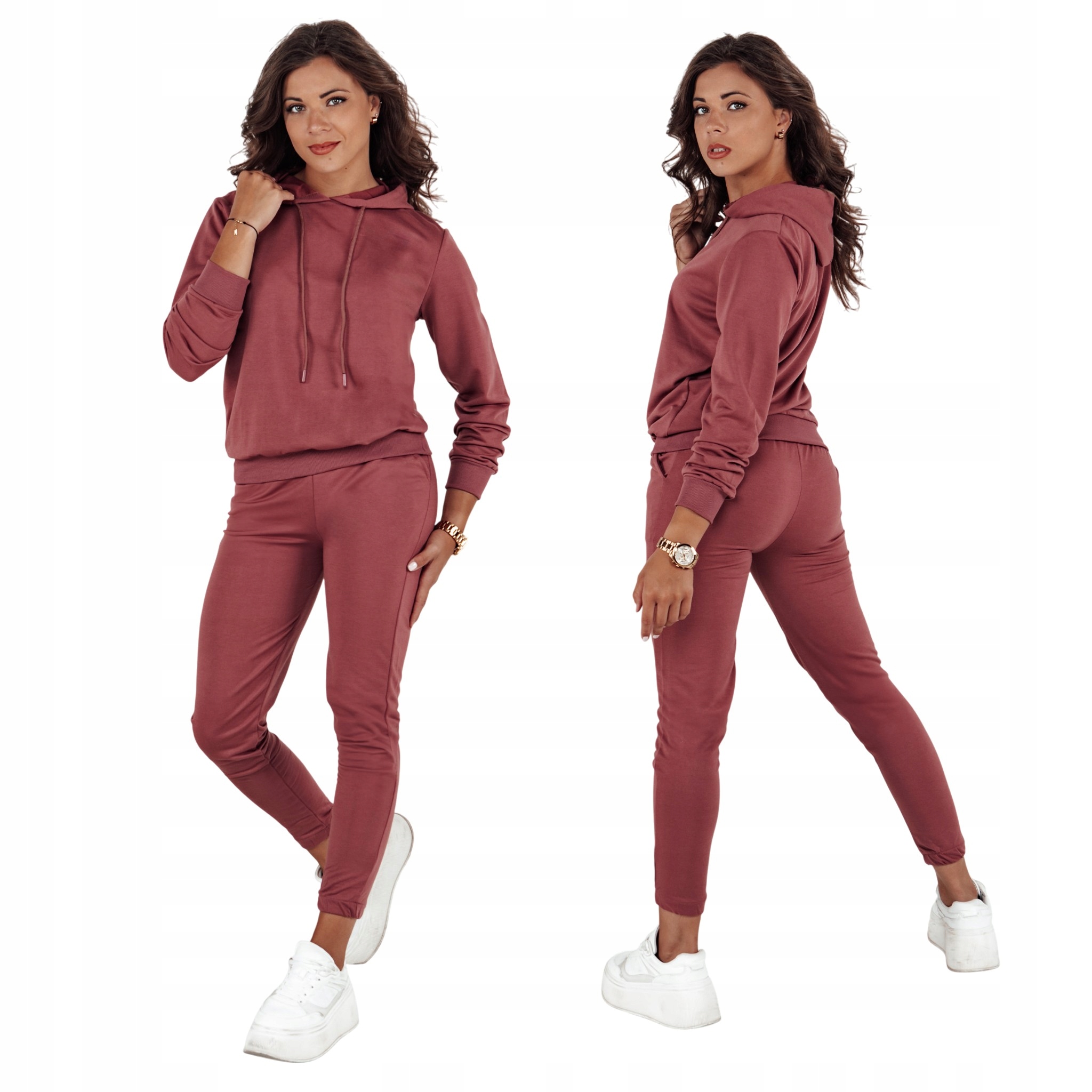 Komplet dresowy damski bluza z kapturem spodnie bordowy AY1090 S