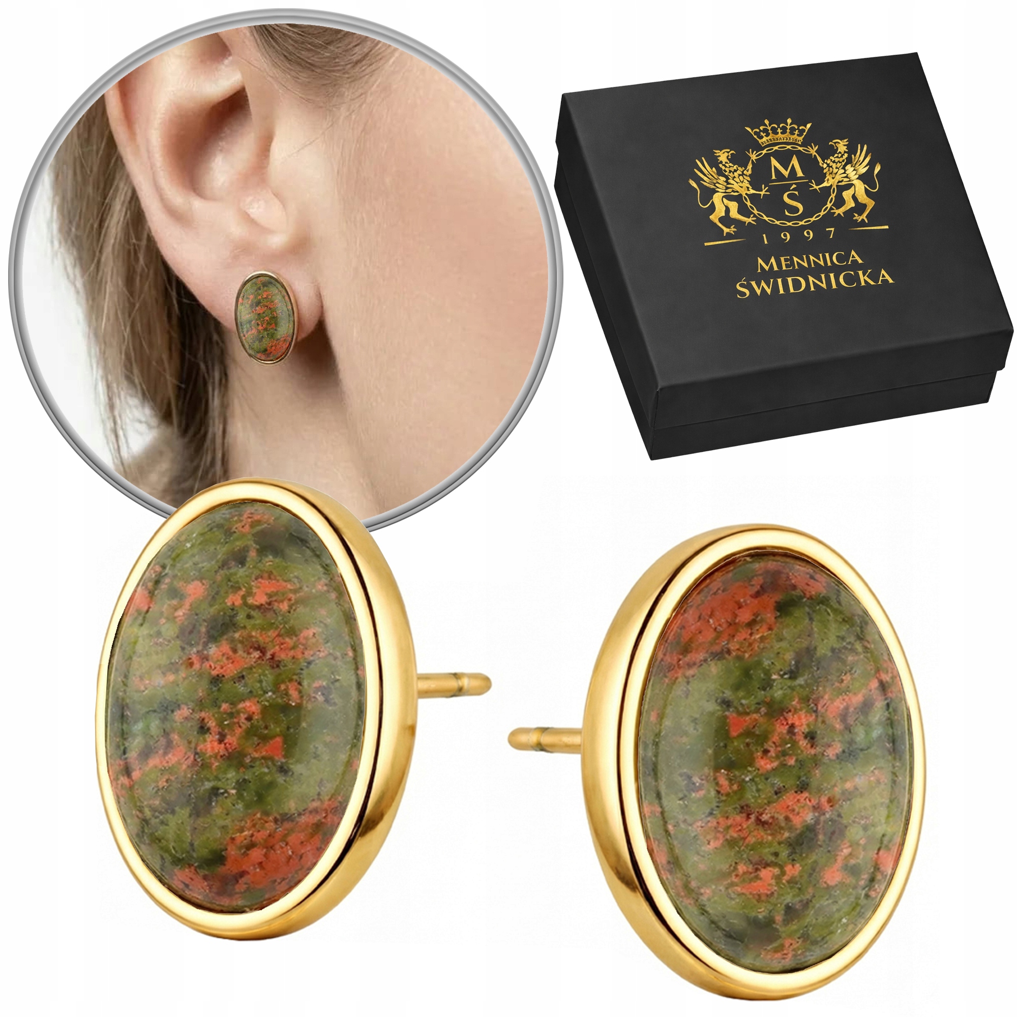 Dámské Náušnice Stříbro 925 Pozlacené 24K Unakit Přírodní kámen Gravírování