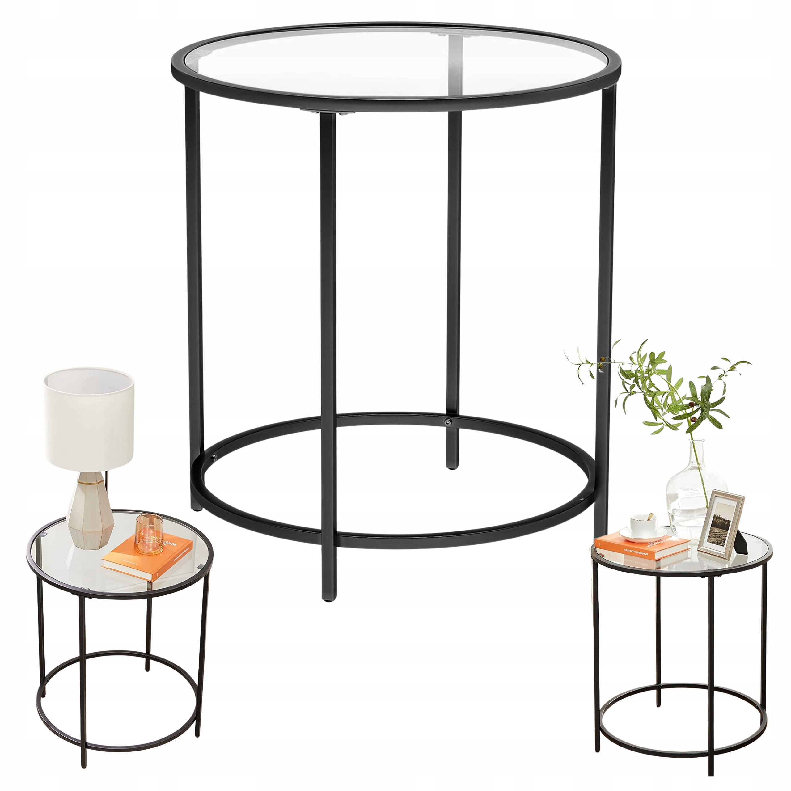 Kulatý pomocný stolek na kávu, tvrzené sklo, kovová konstrukce, černý