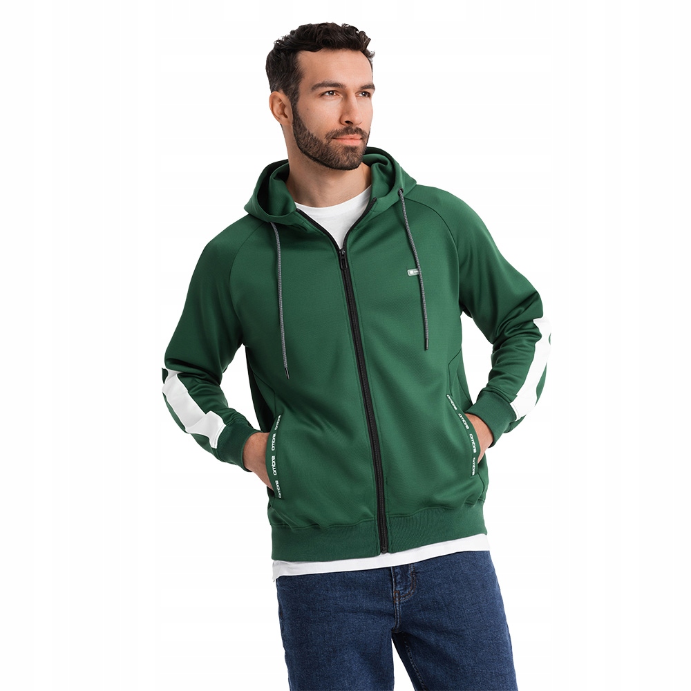 Rozepínací pánská mikina s kapucí lampasy tmavě zelená OM-SSZP-0210 V7 XXL