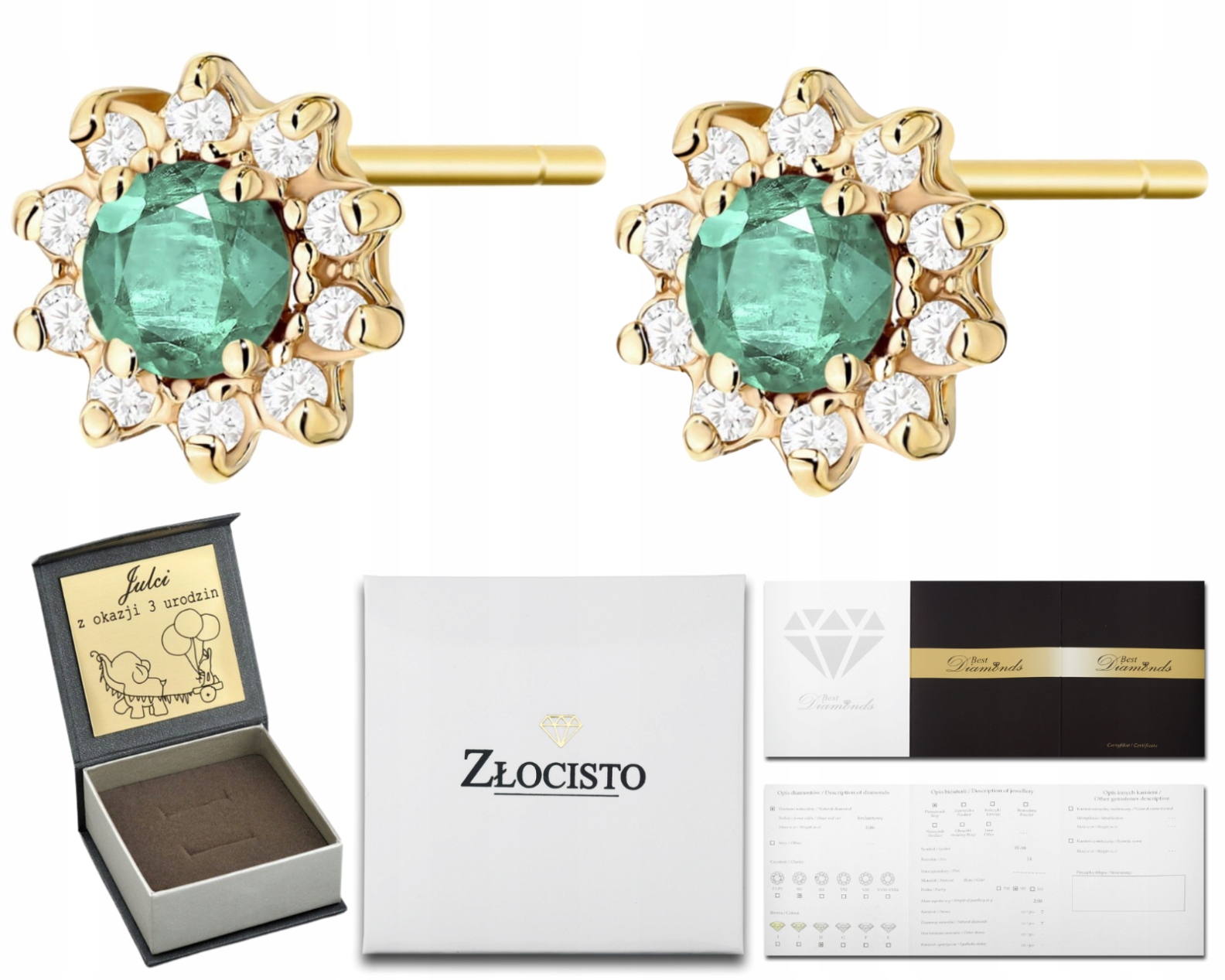 Zlaté Náušnice Se Zeleným Smaragdem A Diamanty 585 14K Dárek