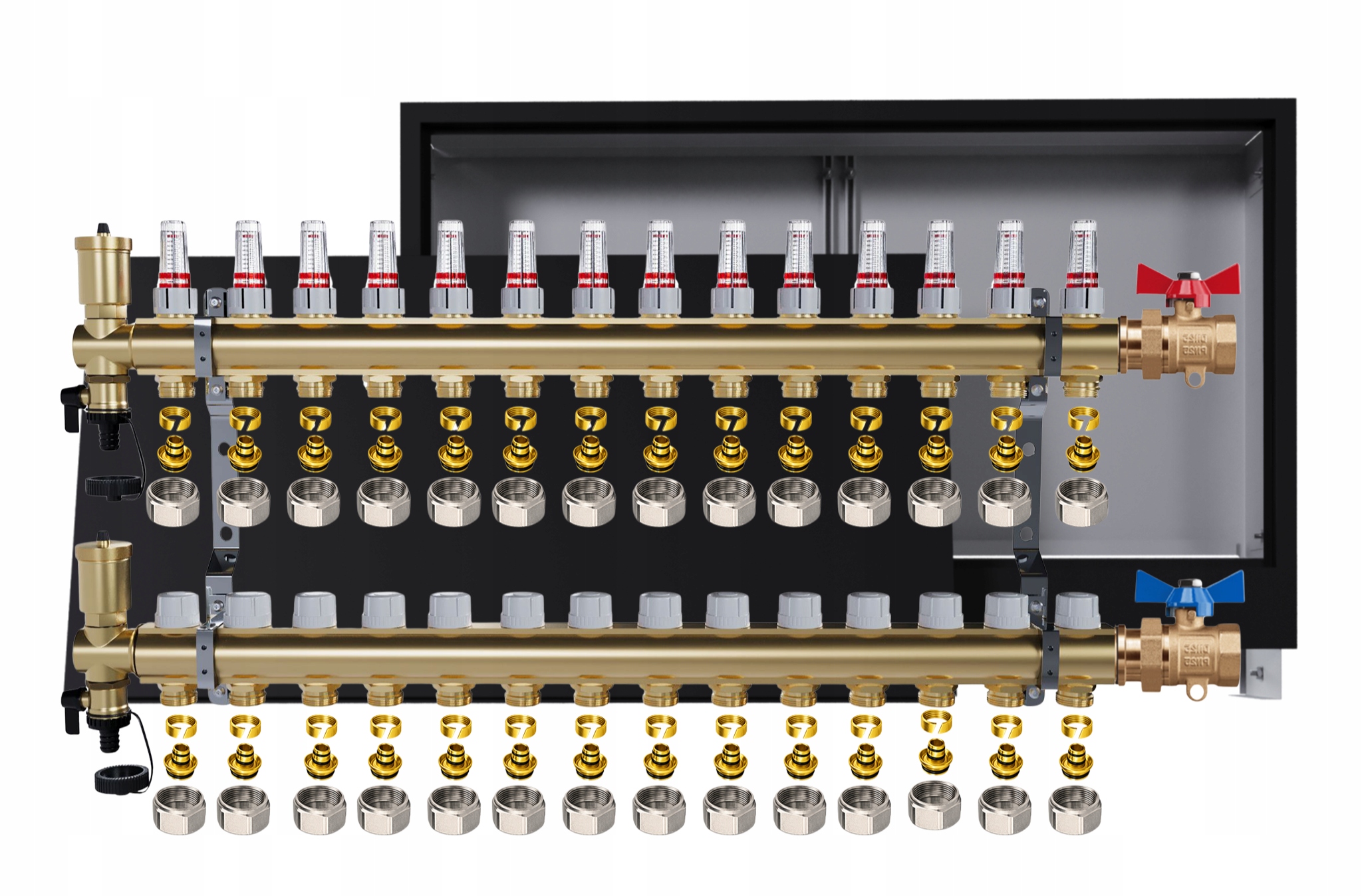 Rozdeľovač podlahy mosadzný 14 Obvody Podomietková čierna Ventily Pex