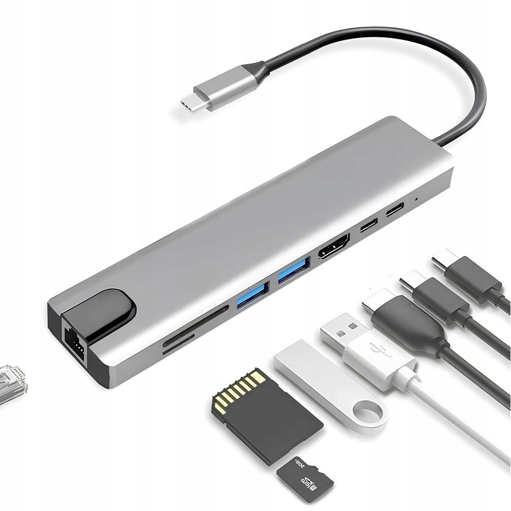 Stacja dokująca HUB USB-C do laptopa 8w1 USB 3.0 HDMI 4K LAN alu 100W