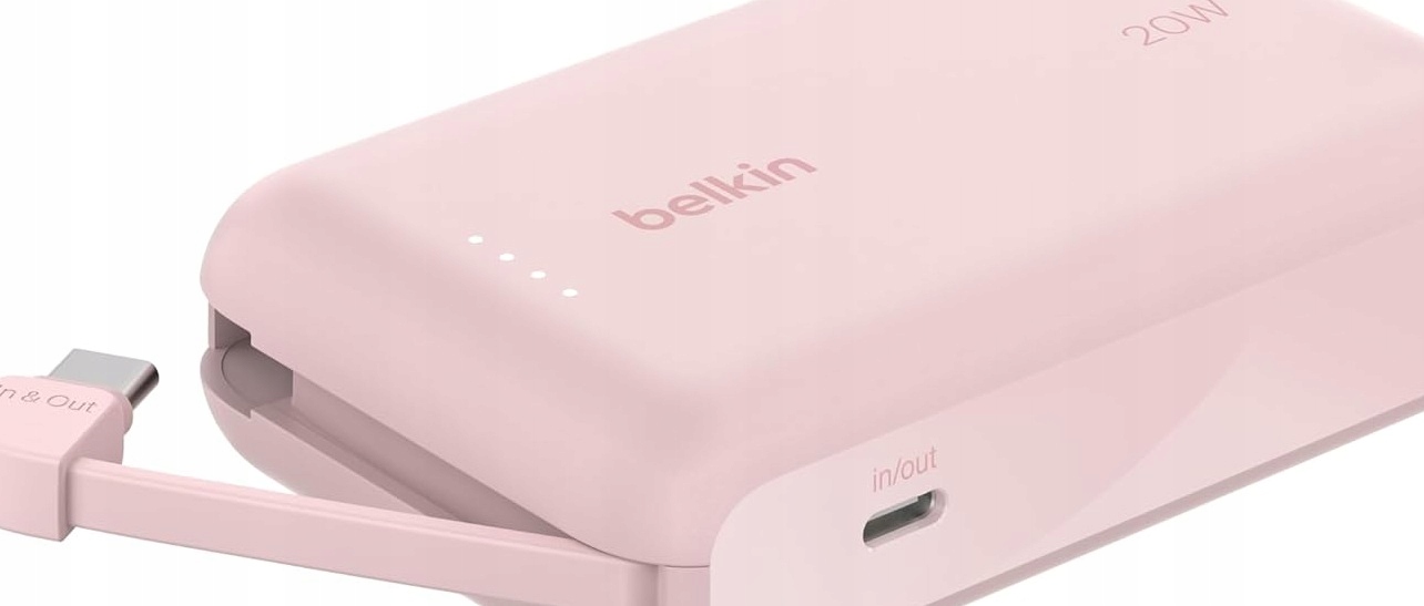 Powerbanka 10000MAH 20W Usb-c S Vestavěným Kabelem, Růžová