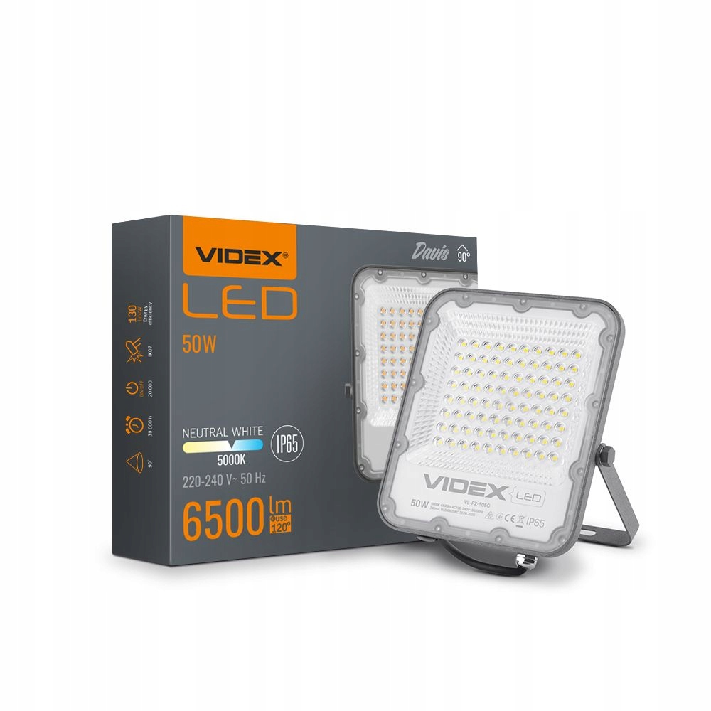 Videx Led reflektor 50W, 6500lm, 5000K, IP65, šedý, hliník
