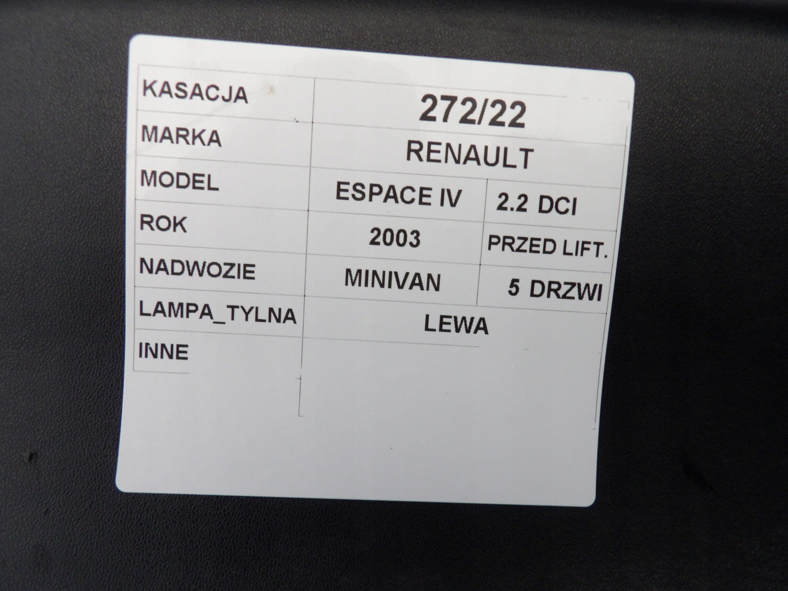 light rear left Renault Espace IV 8200027153