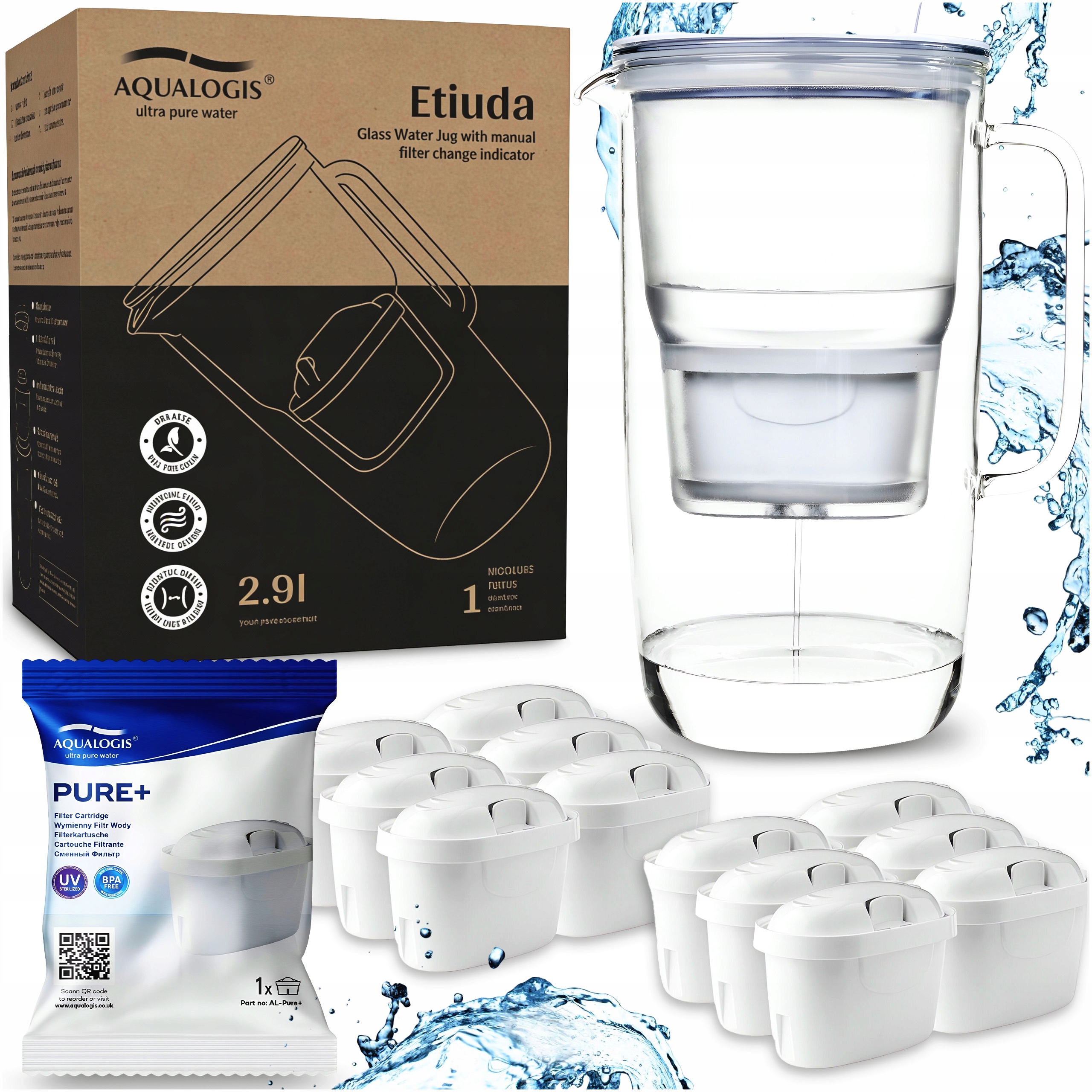 Dzbanek Filtrujący Szklany Etiuda Biały 12 x Wkłady Pure+ Wymienne