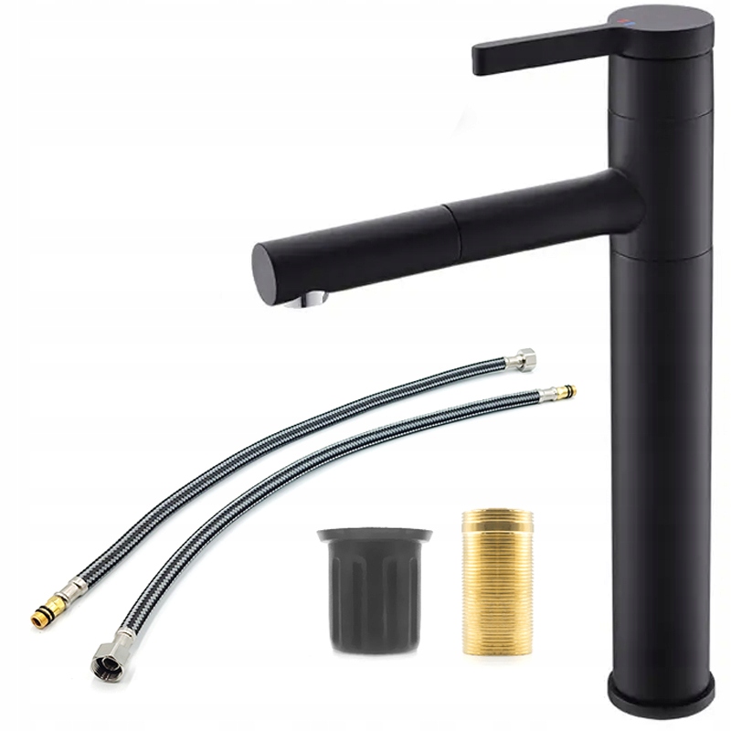 Wysoka Czarna Bateria Umywalkowa Kuchenna Kran Do Umywalki Obrotowa Wylewka