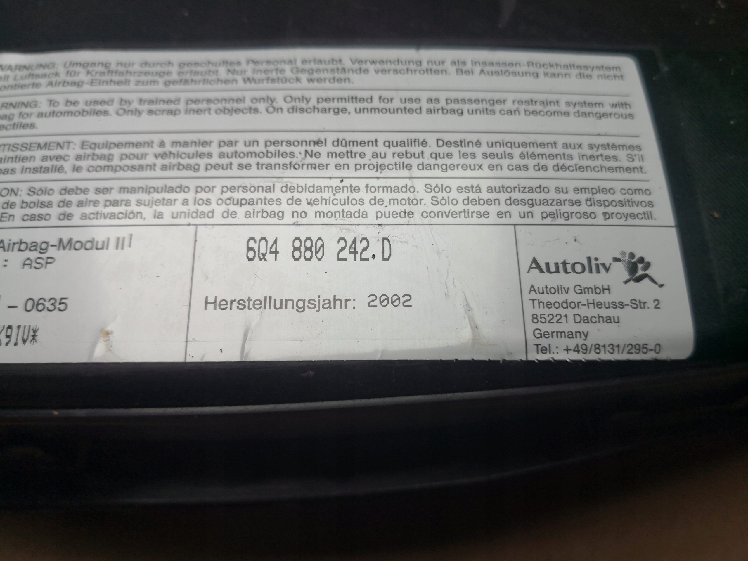 airbag sedile Destro SKODA FABIA e 6Q4880242D