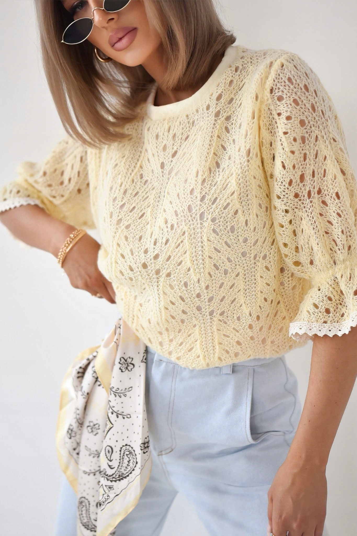 Dámský svetr 3/4 rukáv, ažurový, Žlutý