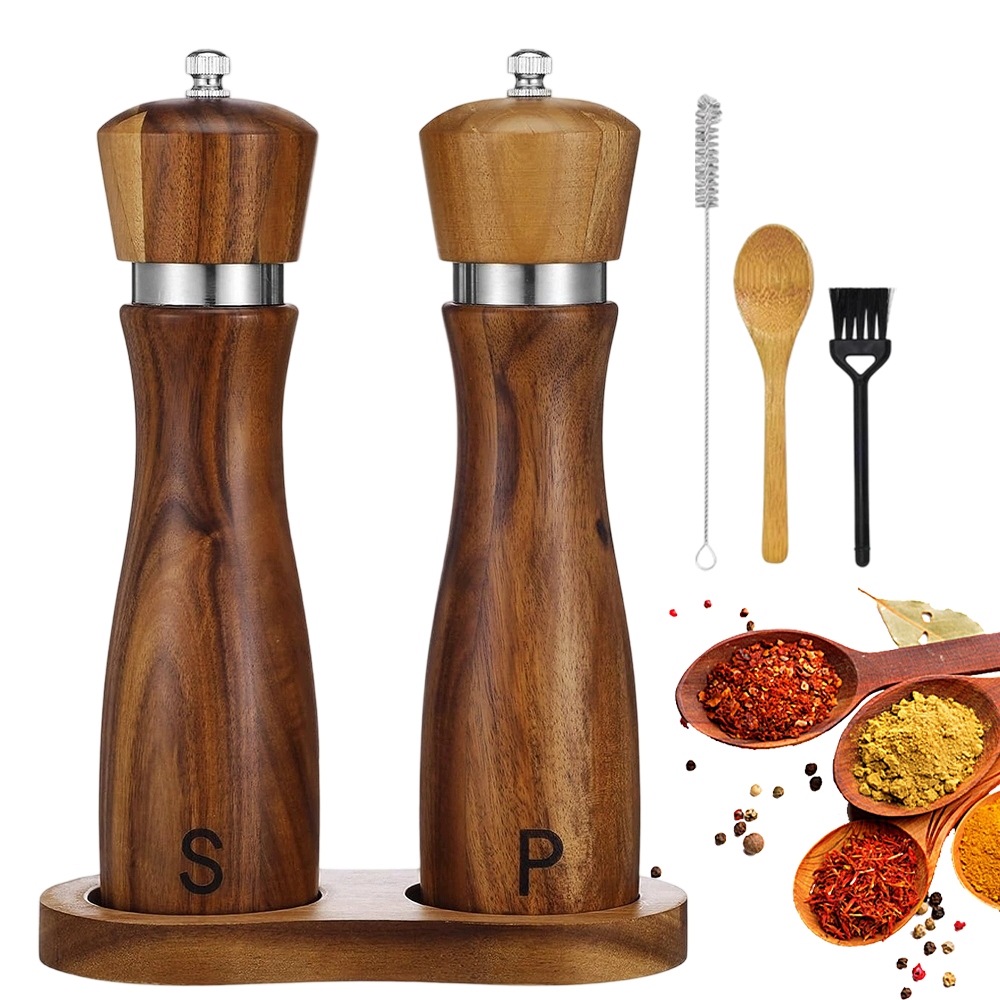 Ruční mlýnek na pepř a sůl s podstavcem, silný dřevěný set X2