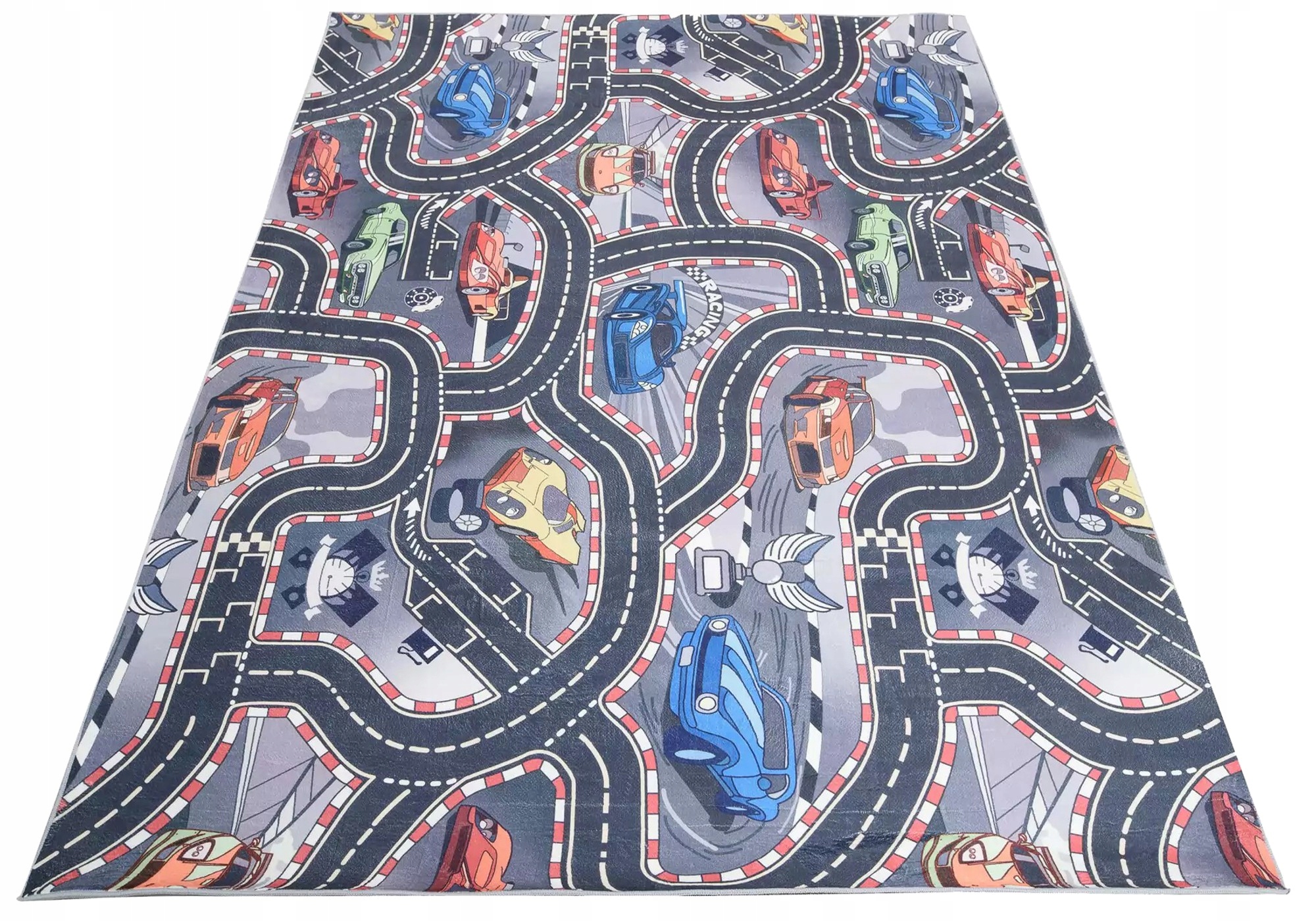 Detský koberec Printed 200x300 Tlačené farebné autá Ulice Cesty Závod