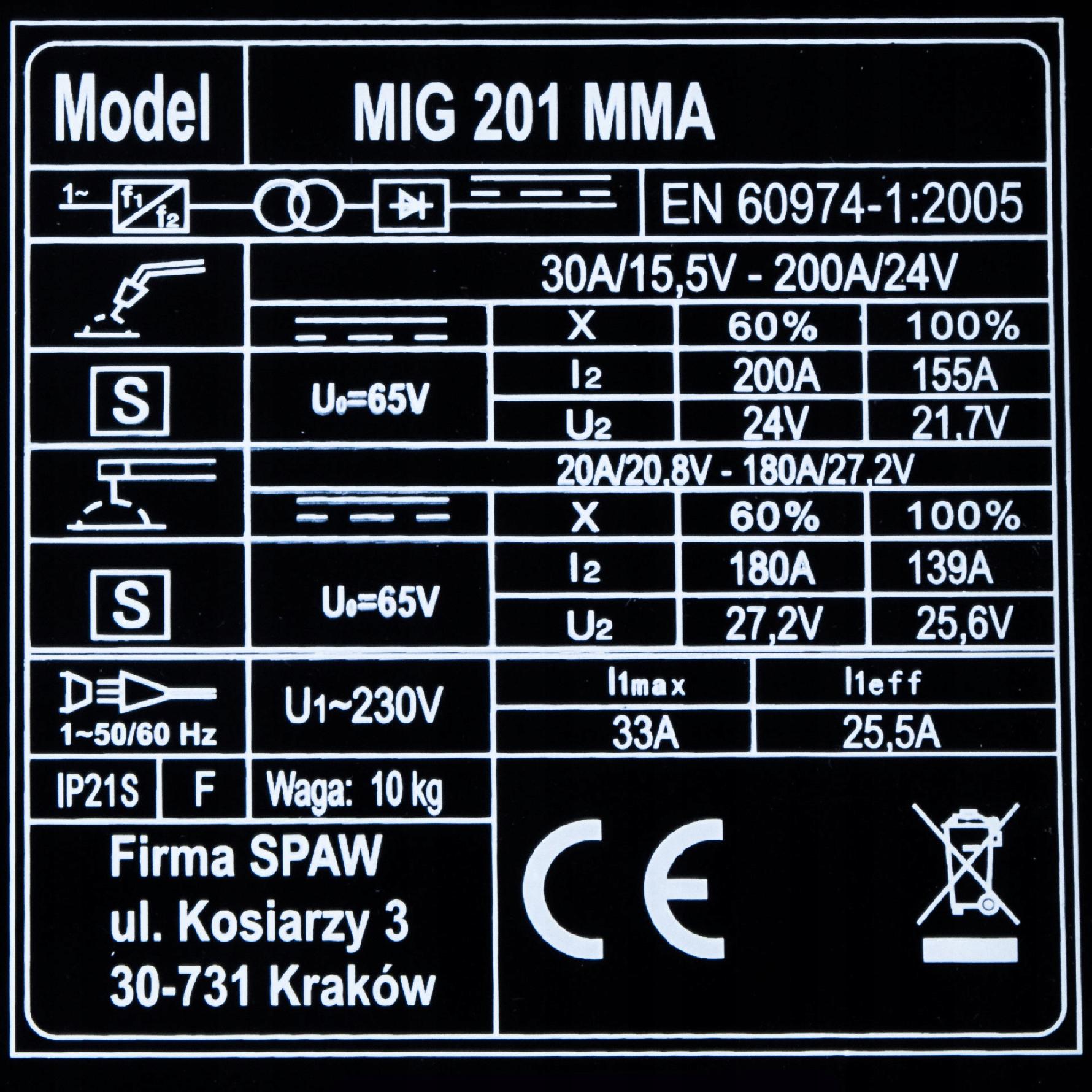 SPAWARKA MIGOMAT MAGNUM MIG 201 MMA MAG TIG 230V 200A FLUX IGBT 2T 4T 3W1 Model MIG 201 MMA