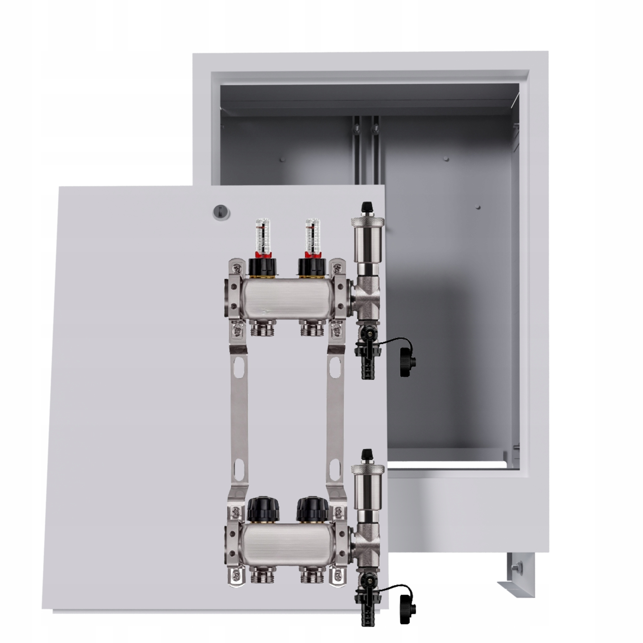 Nerezový rozdělovač pro podlahovku 2 okruhy s podomítkovou schránkou, bílý