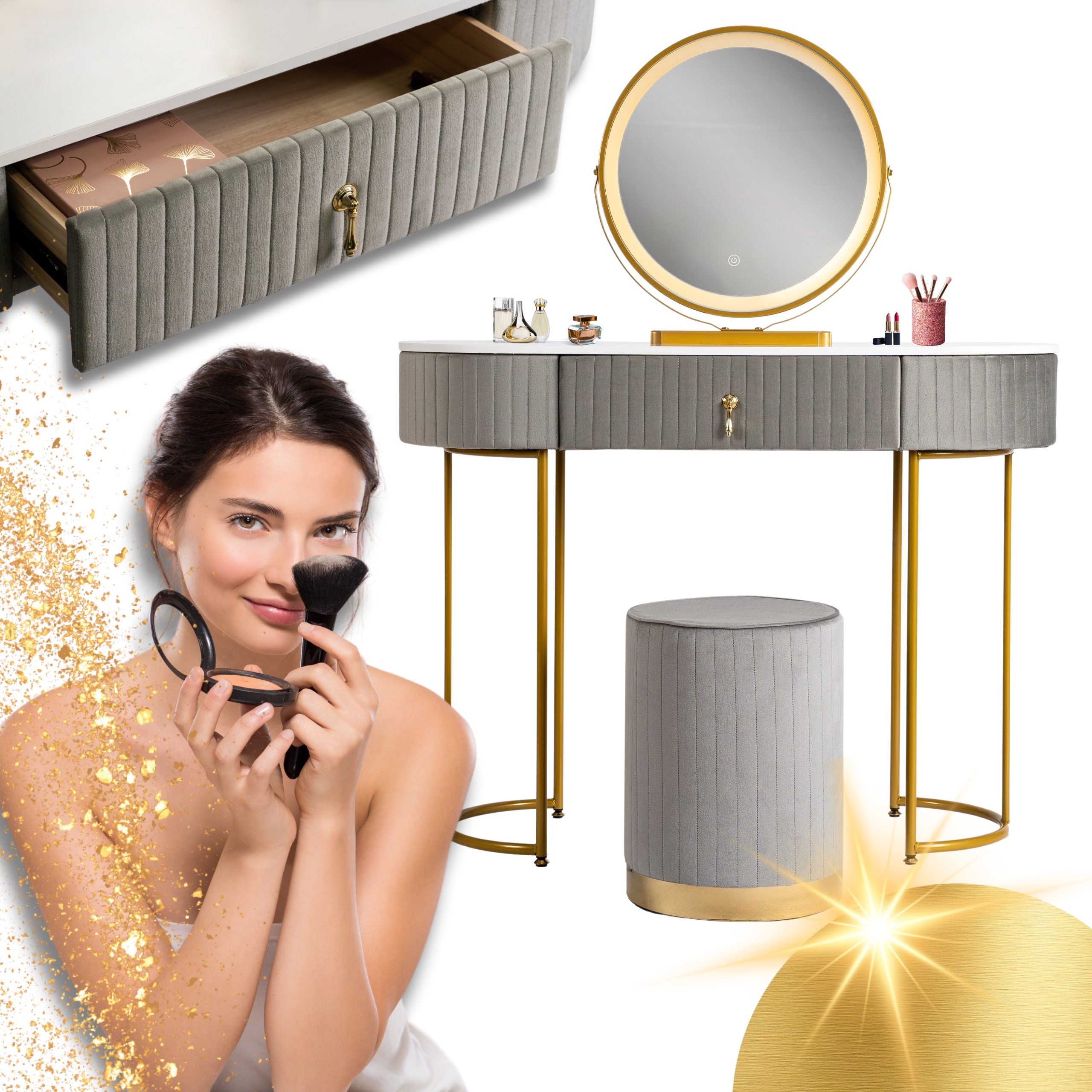 Toaletní Stolek se zrcadlem pro holčičku Sarah Šedá s zásuvkou s taburetem