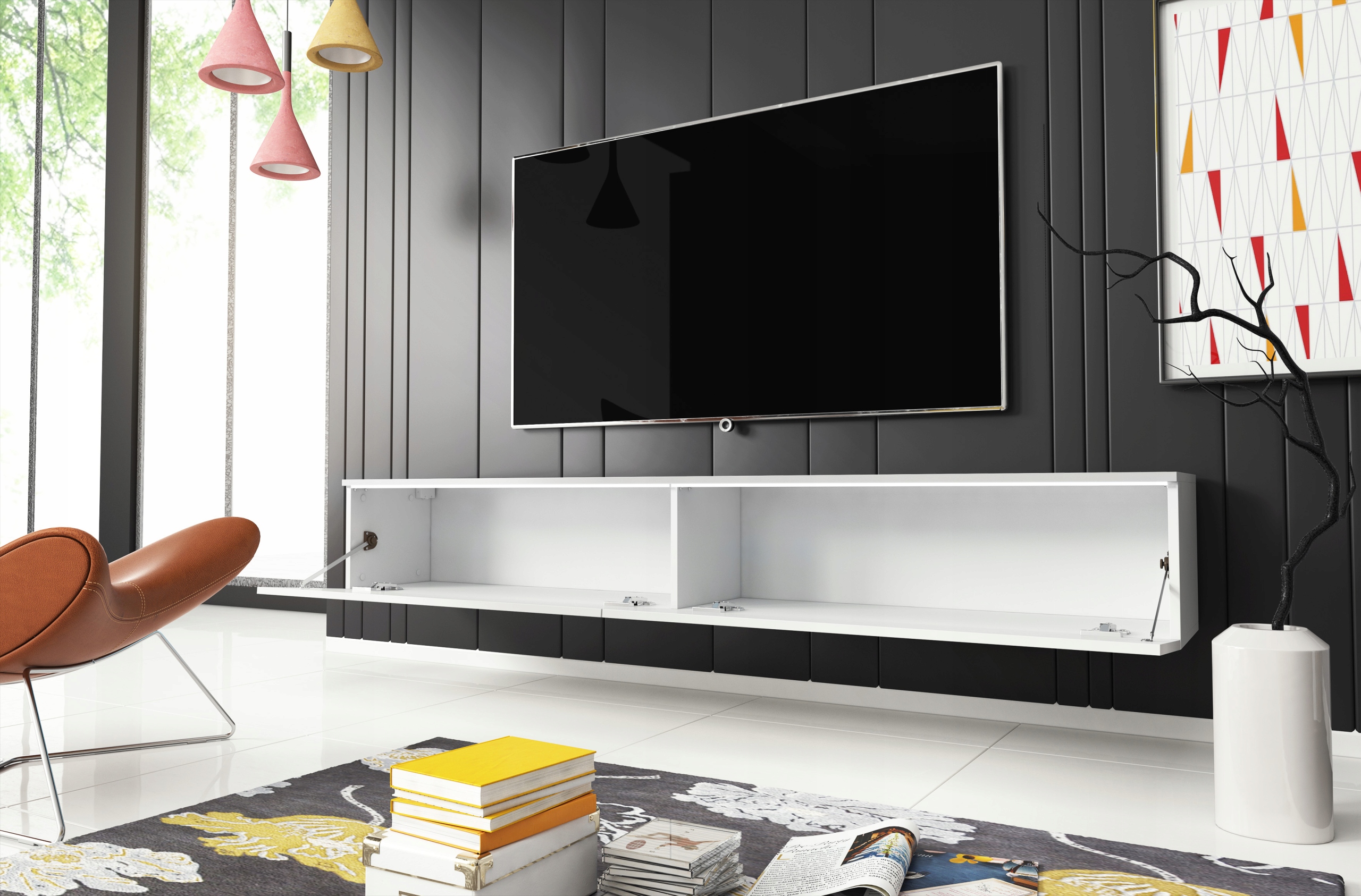 Szafka RTV Lowboard D 180cm BIAŁY / BIAŁY POŁYSK Marka KING-Meble