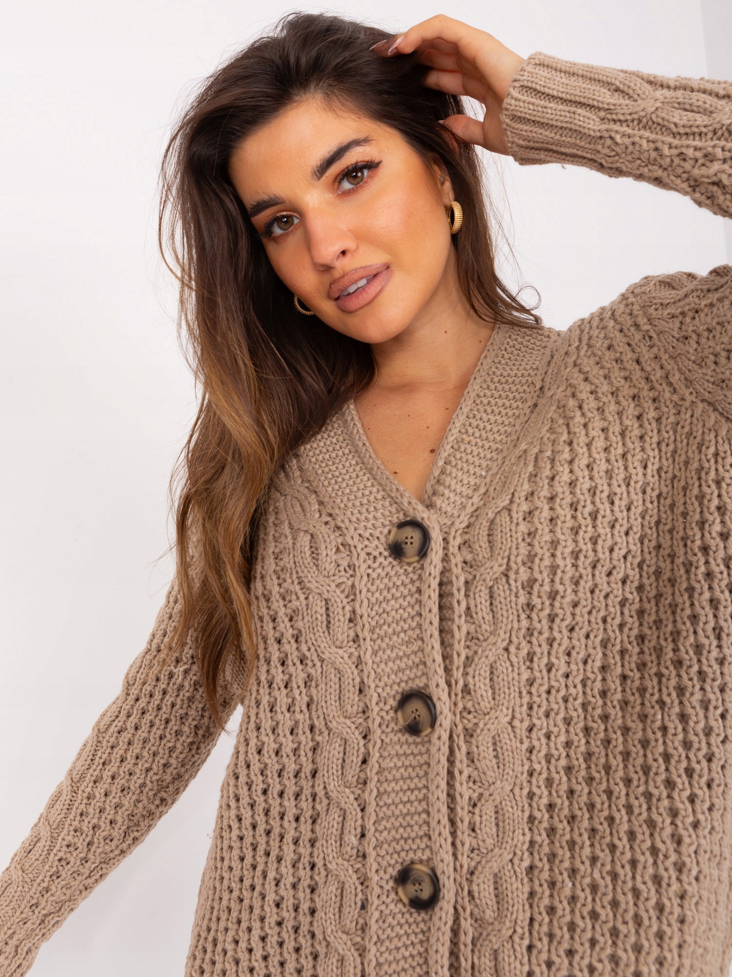 ROZPINANY sweter Z WEŁNĄ DEKOLT V dark beige 8001 one size Materiał dominujący akryl