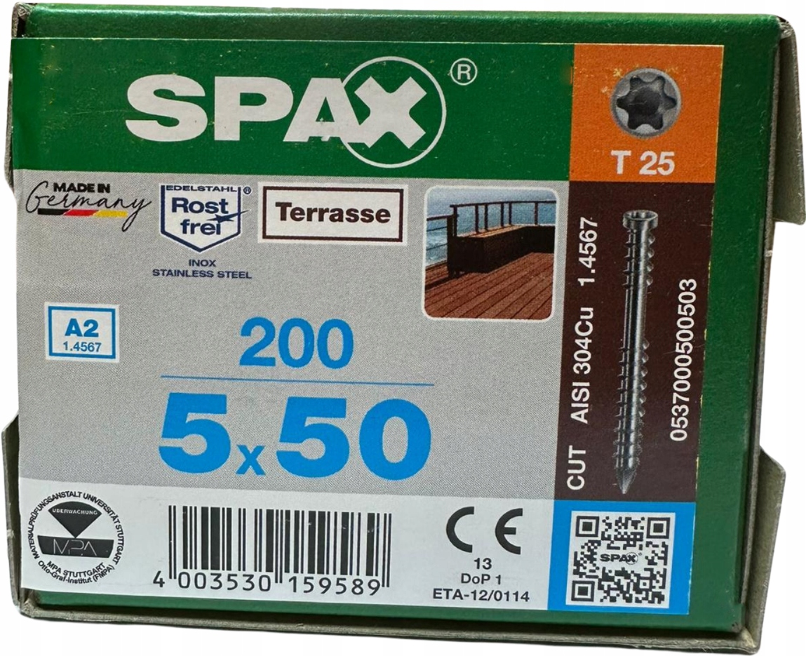 SPAX 5x50 MM WKRĘTY DO DESKI TARASOWEJ STAL A2